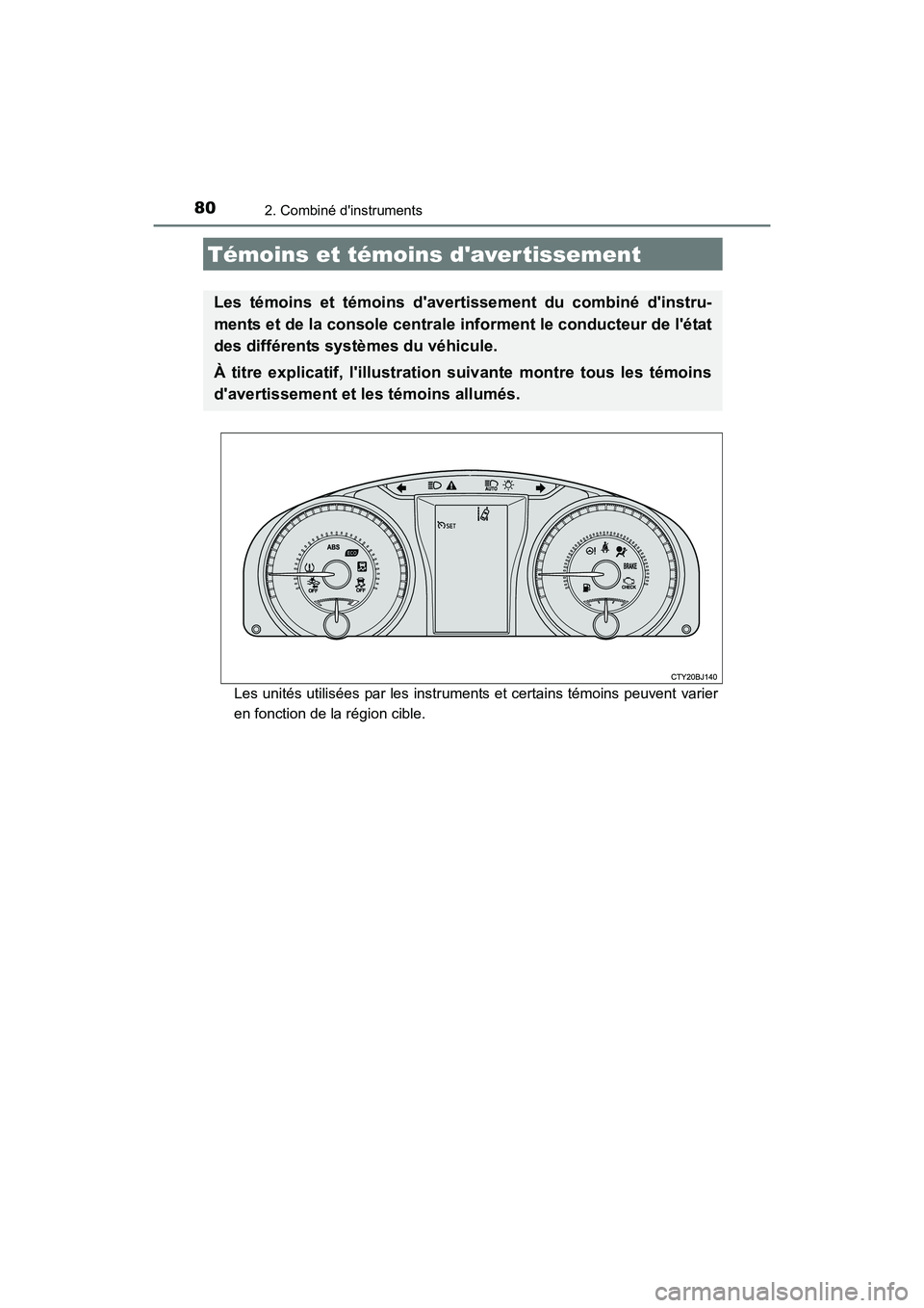 TOYOTA CAMRY 2017 Manuel du propriétaire (in French) 80
CAMRY_D (OM33C64D)
2. Combiné dinstruments
Les unités utilisées par les instruments et certains témoins peuvent varier
en fonction de la région cible.
Témoins et témoins daver tissement
Le TOYOTA CAMRY 2017 Manuel du propriétaire (in French) 80
CAMRY_D (OM33C64D)
2. Combiné dinstruments
Les unités utilisées par les instruments et certains témoins peuvent varier
en fonction de la région cible.
Témoins et témoins daver tissement
Le