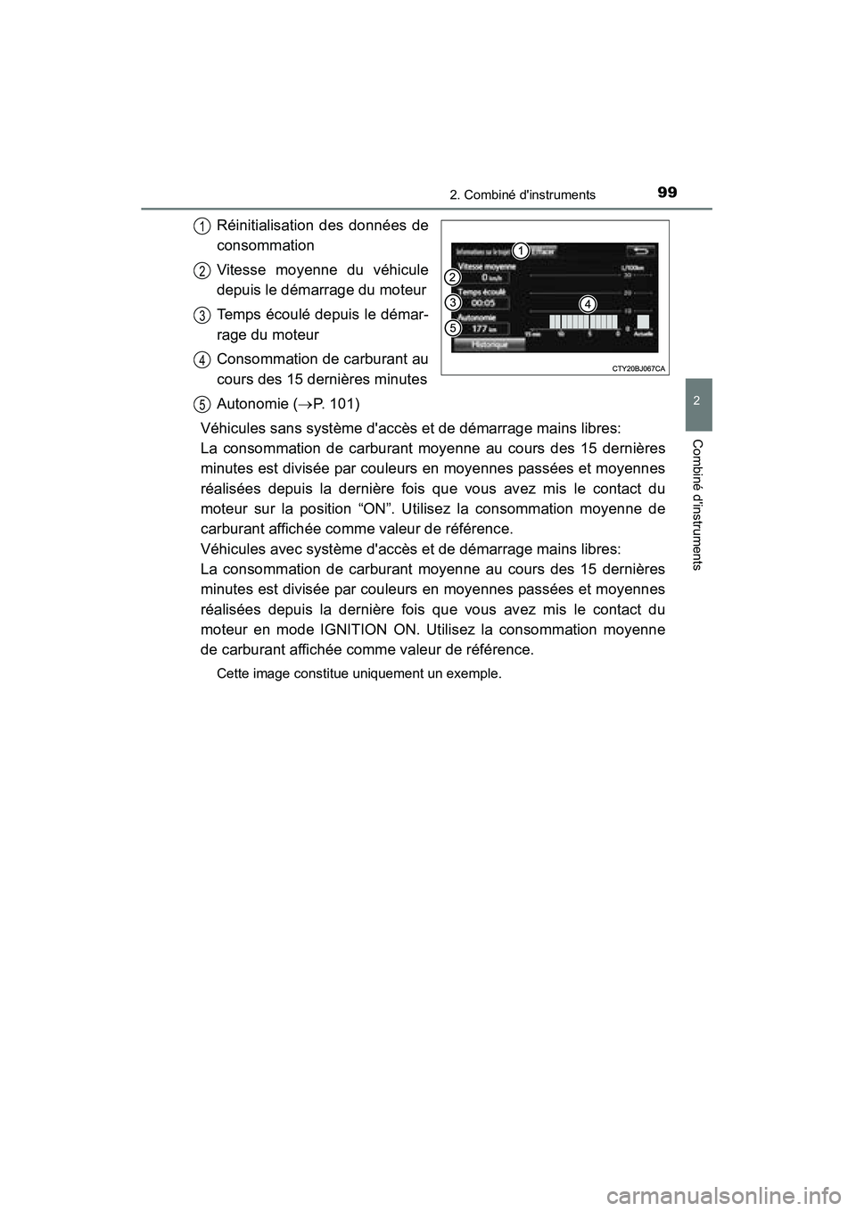 TOYOTA CAMRY 2015  Manuel du propriétaire (in French) 992. Combiné dinstruments
2
Combiné dinstruments
CAMRY_D (OM33A86D)
Réinitialisation des données de
consommation
Vitesse moyenne du véhicule
depuis le démarrage du moteur
Temps écoulé depuis