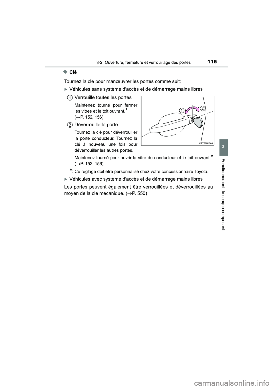 TOYOTA CAMRY 2015  Manuel du propriétaire (in French) 1153-2. Ouverture, fermeture et verrouillage des portes
3
Fonctionnement de chaque composant
CAMRY_D (OM33A86D)
◆Clé
Tournez la clé pour manœuvrer les portes comme suit: 
�XVéhicules sans systè