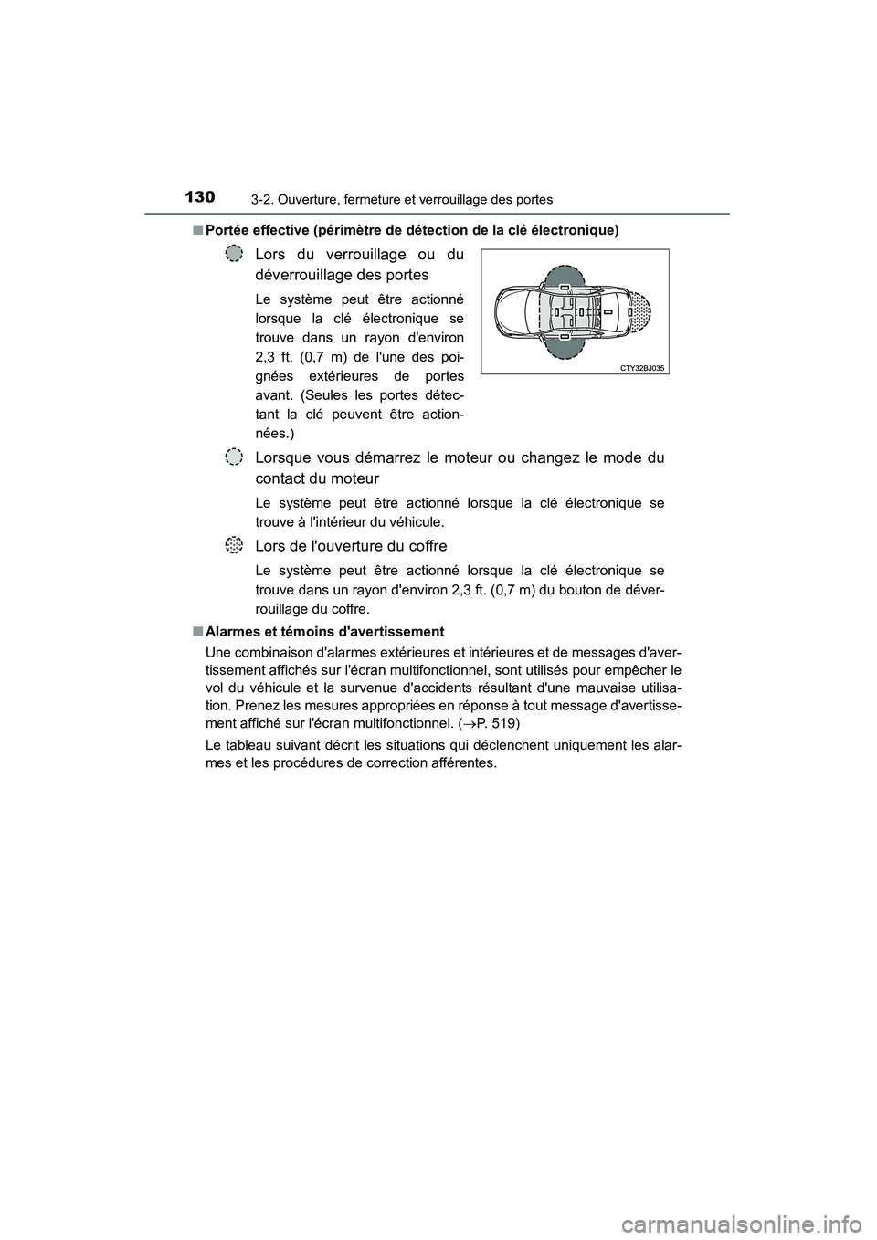 TOYOTA CAMRY 2015 Manuel du propriétaire (in French) 1303-2. Ouverture, fermeture et verrouillage des portes
CAMRY_D (OM33A86D)■
Portée effective (périmètre de détection de la clé électronique)
■ Alarmes et témoins davertissement
Une combina TOYOTA CAMRY 2015 Manuel du propriétaire (in French) 1303-2. Ouverture, fermeture et verrouillage des portes
CAMRY_D (OM33A86D)■
Portée effective (périmètre de détection de la clé électronique)
■ Alarmes et témoins davertissement
Une combina