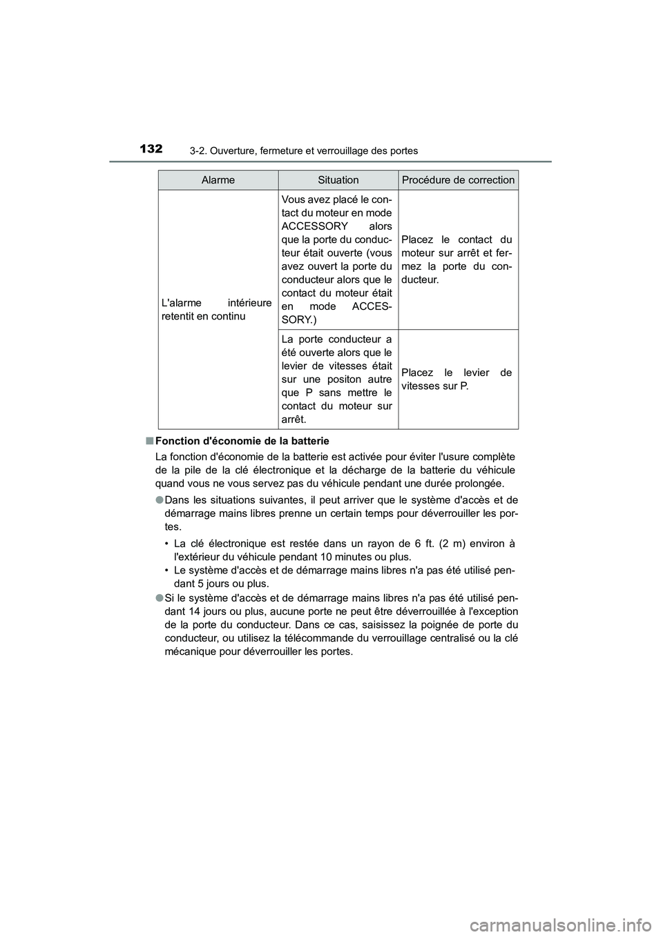 TOYOTA CAMRY 2015 Manuel du propriétaire (in French) 1323-2. Ouverture, fermeture et verrouillage des portes
CAMRY_D (OM33A86D)■
Fonction déconomie de la batterie
La fonction déconomie de la batterie est activée pour éviter lusure complète
de TOYOTA CAMRY 2015 Manuel du propriétaire (in French) 1323-2. Ouverture, fermeture et verrouillage des portes
CAMRY_D (OM33A86D)■
Fonction déconomie de la batterie
La fonction déconomie de la batterie est activée pour éviter lusure complète
de
