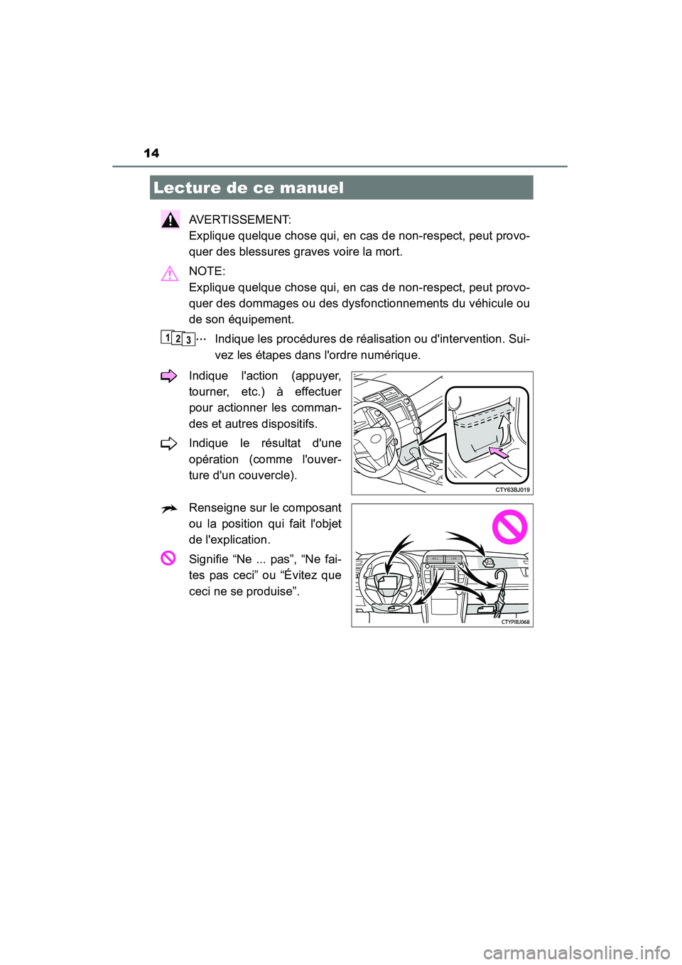 TOYOTA CAMRY 2015 Manuel du propriétaire (in French) 14
CAMRY_D (OM33A86D)
AVERTISSEMENT:
Explique quelque chose qui, en cas de non-respect, peut provo-
quer des blessures graves voire la mort.
NOTE:
Explique quelque chose qui, en cas de non-respect, TOYOTA CAMRY 2015 Manuel du propriétaire (in French) 14
CAMRY_D (OM33A86D)
AVERTISSEMENT:
Explique quelque chose qui, en cas de non-respect, peut provo-
quer des blessures graves voire la mort.
NOTE:
Explique quelque chose qui, en cas de non-respect,