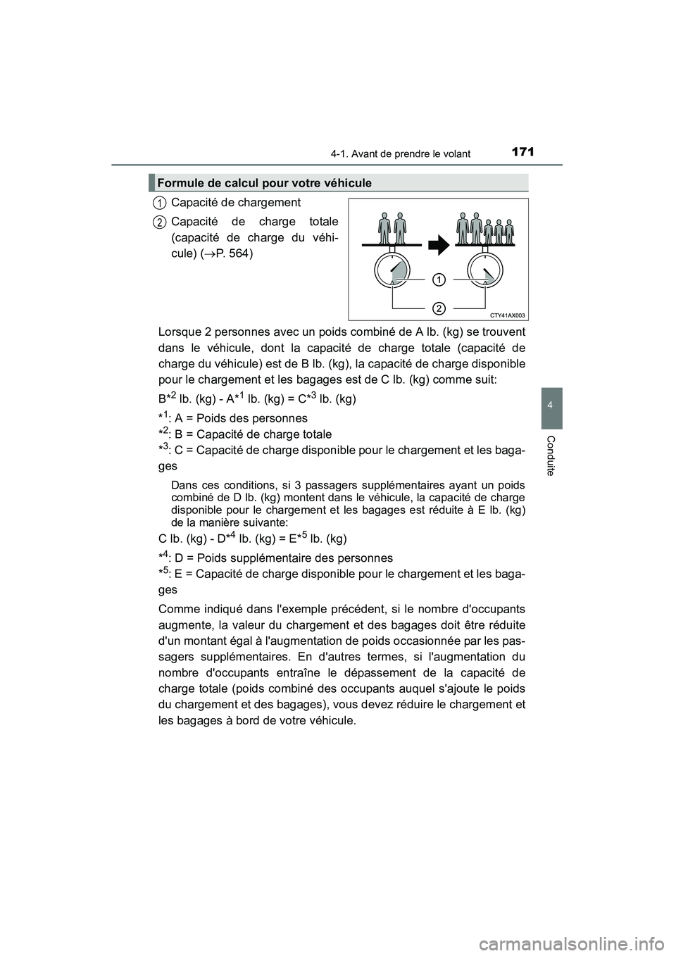 TOYOTA CAMRY 2015 Manuel du propriétaire (in French) 1714-1. Avant de prendre le volant
4
Conduite
CAMRY_D (OM33A86D)
Capacité de chargement
Capacité de charge totale
(capacité de charge du véhi-
cule) (→P. 564)
Lorsque 2 personnes avec un poids c TOYOTA CAMRY 2015 Manuel du propriétaire (in French) 1714-1. Avant de prendre le volant
4
Conduite
CAMRY_D (OM33A86D)
Capacité de chargement
Capacité de charge totale
(capacité de charge du véhi-
cule) (→P. 564)
Lorsque 2 personnes avec un poids c