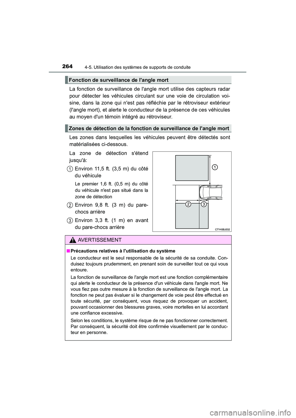 TOYOTA CAMRY 2015  Manuel du propriétaire (in French) 2644-5. Utilisation des systèmes de supports de conduite
CAMRY_D (OM33A86D)
La fonction de surveillance de langle mort utilise des capteurs radar
pour détecter les véhicules circulant sur une voie