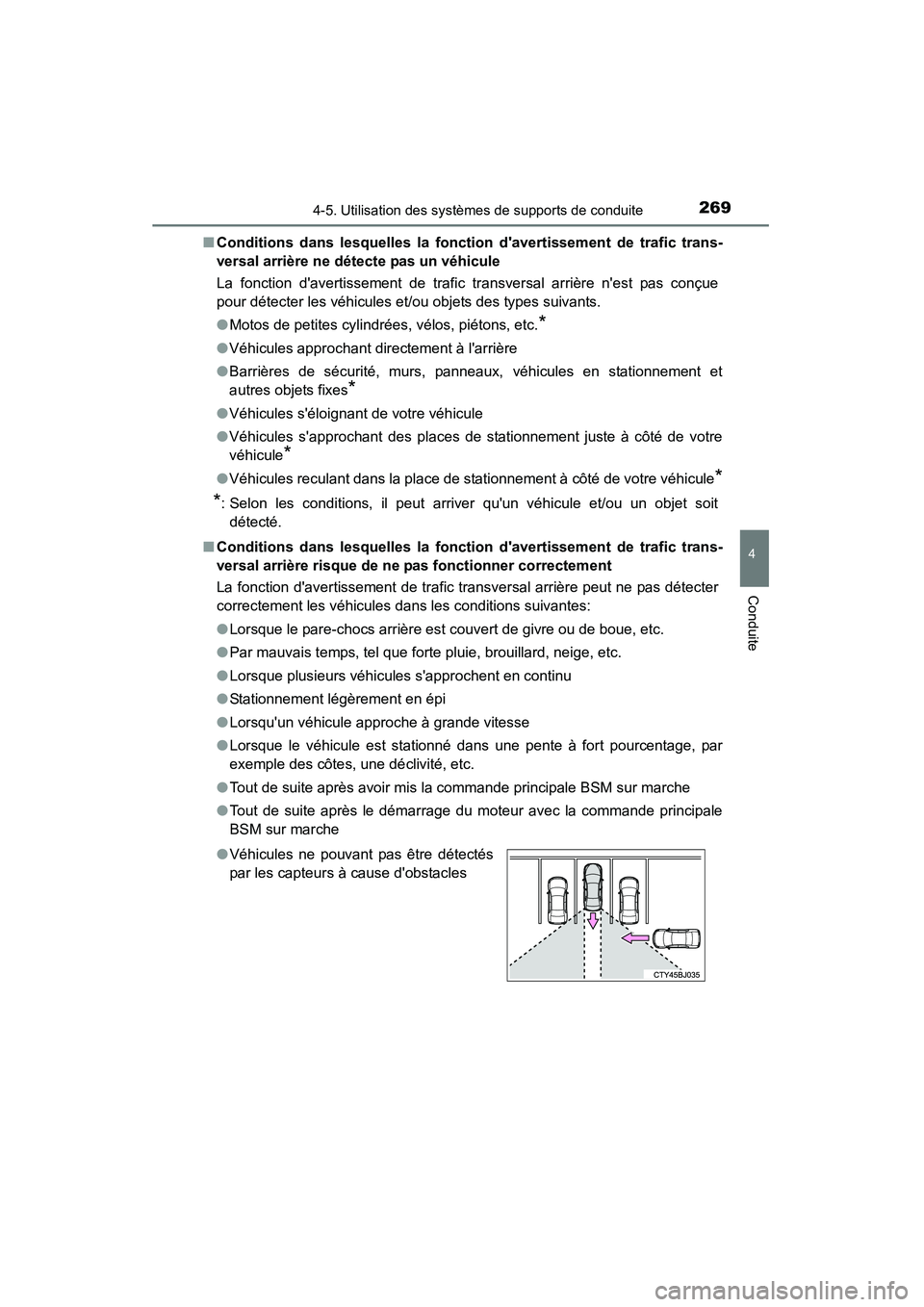 TOYOTA CAMRY 2015 Manuel du propriétaire (in French) 2694-5. Utilisation des systèmes de supports de conduite
4
Conduite
CAMRY_D (OM33A86D)■
Conditions dans lesquelles la fonction davertissement de trafic trans-
versal arrière ne détecte pas un v TOYOTA CAMRY 2015 Manuel du propriétaire (in French) 2694-5. Utilisation des systèmes de supports de conduite
4
Conduite
CAMRY_D (OM33A86D)■
Conditions dans lesquelles la fonction davertissement de trafic trans-
versal arrière ne détecte pas un v