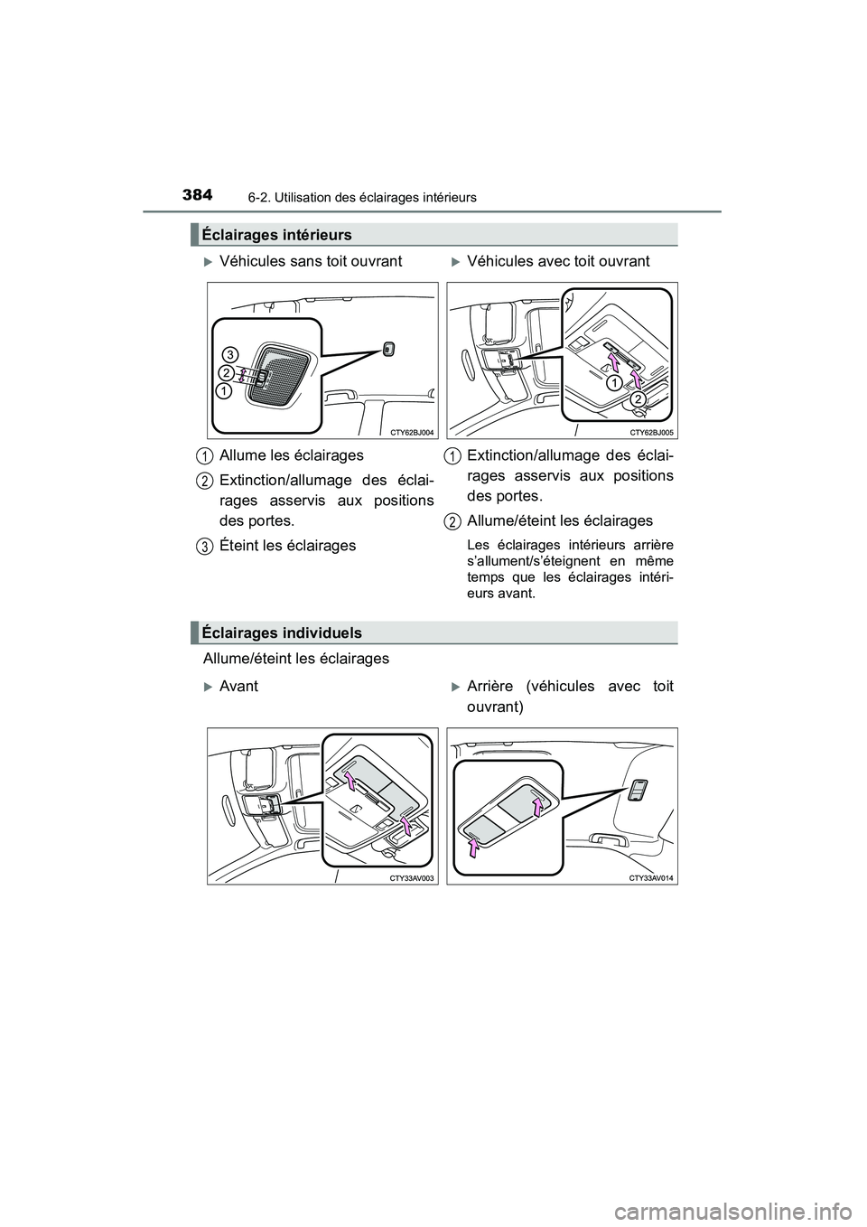 TOYOTA CAMRY 2015  Manuel du propriétaire (in French) 3846-2. Utilisation des éclairages intérieurs
CAMRY_D (OM33A86D)
Allume/éteint les éclairages
Éclairages intérieurs
�XVéhicules sans toit ouvrant�XVéhicules avec toit ouvrant
Allume les éclai