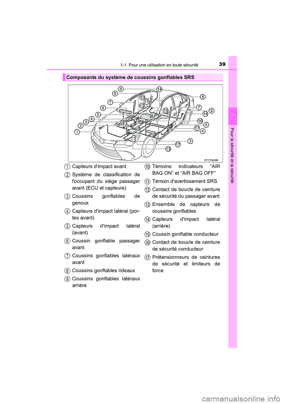 TOYOTA CAMRY 2015 Manuel du propriétaire (in French) 391-1. Pour une utilisation en toute sécurité
1
Pour la sécurité et la sécurité
CAMRY_D (OM33A86D)
Composants du système de coussins gonflables SRS
Capteurs dimpact avant
Système de classific TOYOTA CAMRY 2015 Manuel du propriétaire (in French) 391-1. Pour une utilisation en toute sécurité
1
Pour la sécurité et la sécurité
CAMRY_D (OM33A86D)
Composants du système de coussins gonflables SRS
Capteurs dimpact avant
Système de classific