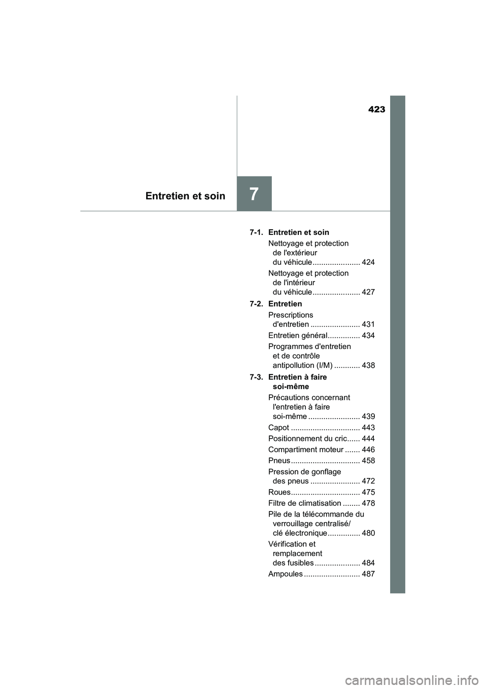 TOYOTA CAMRY 2015 Manuel du propriétaire (in French) 423
7Entretien et soin
CAMRY_D (OM33A86D)7-1. Entretien et soin
Nettoyage et protection de lextérieur
du véhicule ...................... 424
Nettoyage et protection de lintérieur
du véhicule TOYOTA CAMRY 2015 Manuel du propriétaire (in French) 423
7Entretien et soin
CAMRY_D (OM33A86D)7-1. Entretien et soin
Nettoyage et protection de lextérieur
du véhicule ...................... 424
Nettoyage et protection de lintérieur
du véhicule