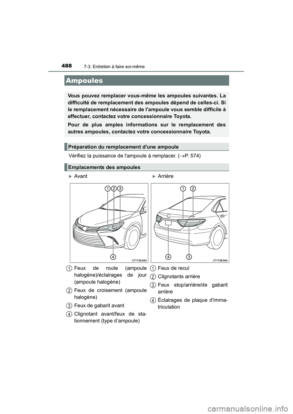 TOYOTA CAMRY 2015  Manuel du propriétaire (in French) 4887-3. Entretien à faire soi-même
CAMRY_D (OM33A86D)
Vérifiez la puissance de lampoule à remplacer. (→P. 574)
Ampoules
Vous pouvez remplacer vous-même les ampoules suivantes. La
difficulté d