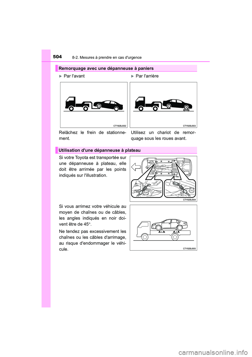 TOYOTA CAMRY 2015 Manuel du propriétaire (in French) 5048-2. Mesures à prendre en cas durgence
CAMRY_D (OM33A86D)
Si votre Toyota est transportée sur
une dépanneuse à plateau, elle
doit être arrimée par les points
indiqués sur lillustration.
Si TOYOTA CAMRY 2015 Manuel du propriétaire (in French) 5048-2. Mesures à prendre en cas durgence
CAMRY_D (OM33A86D)
Si votre Toyota est transportée sur
une dépanneuse à plateau, elle
doit être arrimée par les points
indiqués sur lillustration.
Si