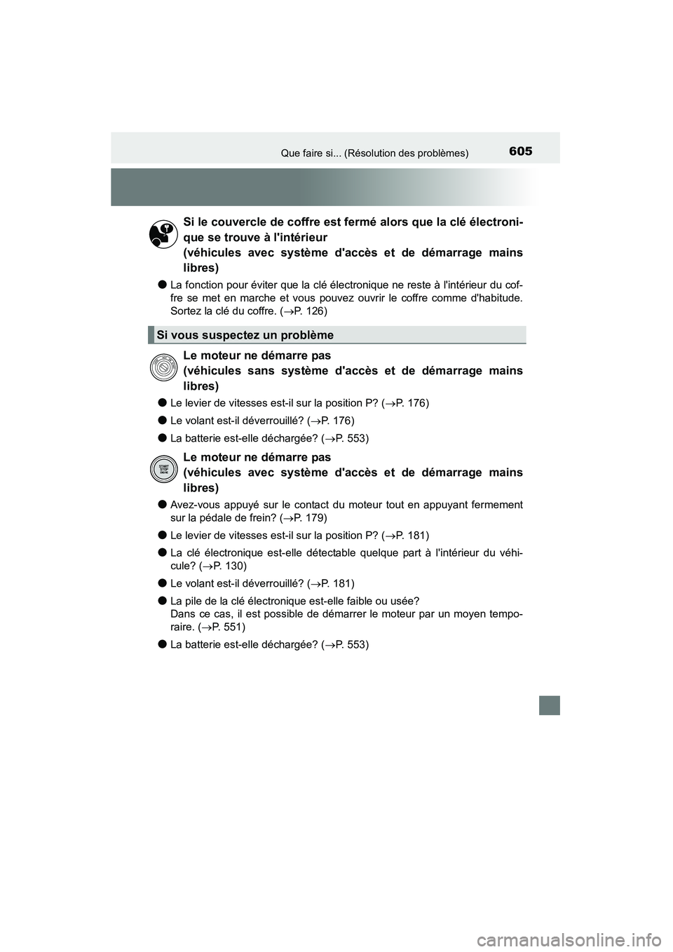 TOYOTA CAMRY 2015 Manuel du propriétaire (in French) 605Que faire si... (Résolution des problèmes)
CAMRY_D (OM33A86D)
●La fonction pour éviter que la clé électronique ne reste à lintérieur du cof-
fre se met en marche et vous pouvez ouvrir le TOYOTA CAMRY 2015 Manuel du propriétaire (in French) 605Que faire si... (Résolution des problèmes)
CAMRY_D (OM33A86D)
●La fonction pour éviter que la clé électronique ne reste à lintérieur du cof-
fre se met en marche et vous pouvez ouvrir le