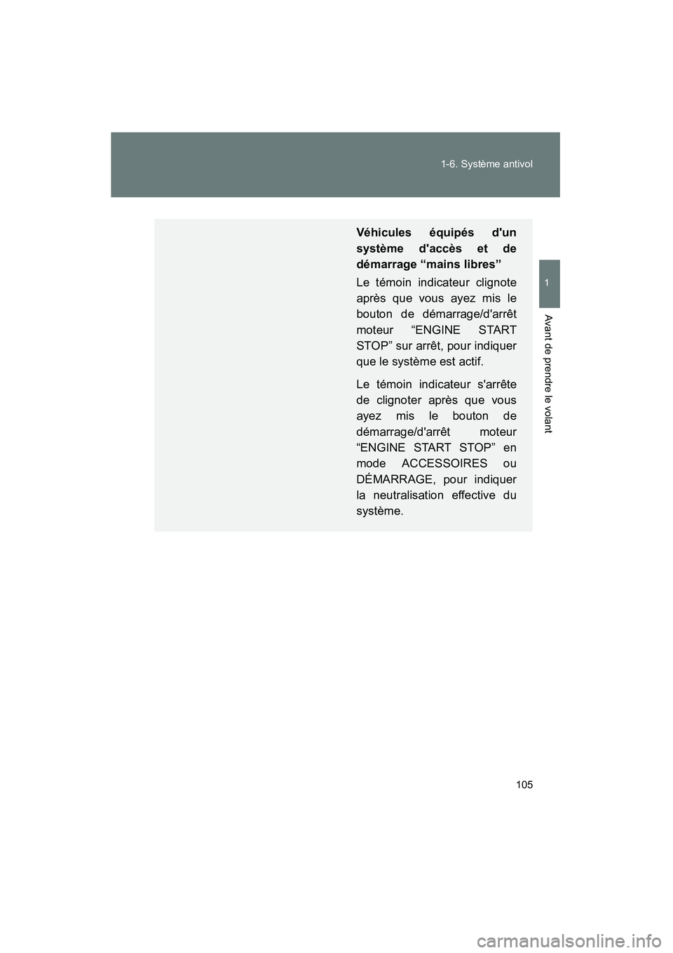 TOYOTA CAMRY 2012 Manuel du propriétaire (in French) 105
1-6. Système antivol
1
Avant de prendre le volant
CAMRY_D
Véhicules équipés dun
système daccès et de
démarrage “mains libres”
Le témoin indicateur clignote
après que vous ayez mis TOYOTA CAMRY 2012 Manuel du propriétaire (in French) 105
1-6. Système antivol
1
Avant de prendre le volant
CAMRY_D
Véhicules équipés dun
système daccès et de
démarrage “mains libres”
Le témoin indicateur clignote
après que vous ayez mis