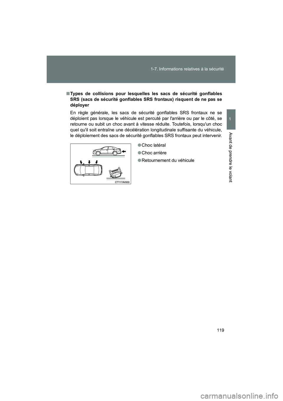 TOYOTA CAMRY 2012  Manuel du propriétaire (in French) 119
1-7. Informations relatives à la sécurité
1
Avant de prendre le volant
CAMRY_D
■
Types de collisions pour lesquelles les sacs de sécurité gonflables
SRS (sacs de sécurité gonflables SRS f