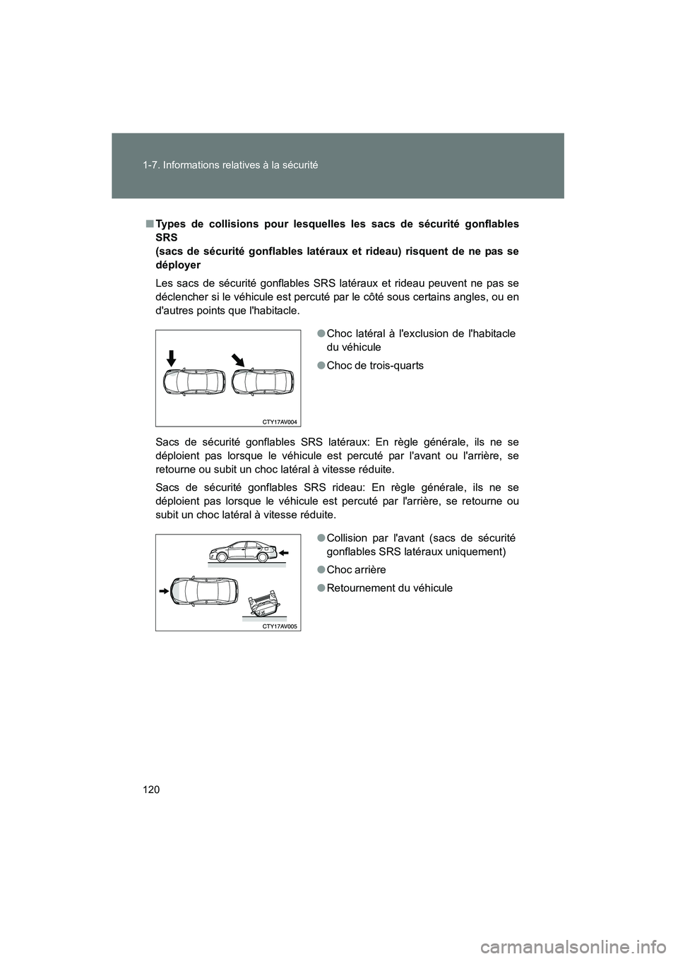 TOYOTA CAMRY 2012  Manuel du propriétaire (in French) 120 1-7. Informations relatives à la sécurité
CAMRY_D
■Types de collisions pour lesquelles les sacs de sécurité gonflables
SRS 
(sacs de sécurité gonflables latéraux et rideau) risquent de n