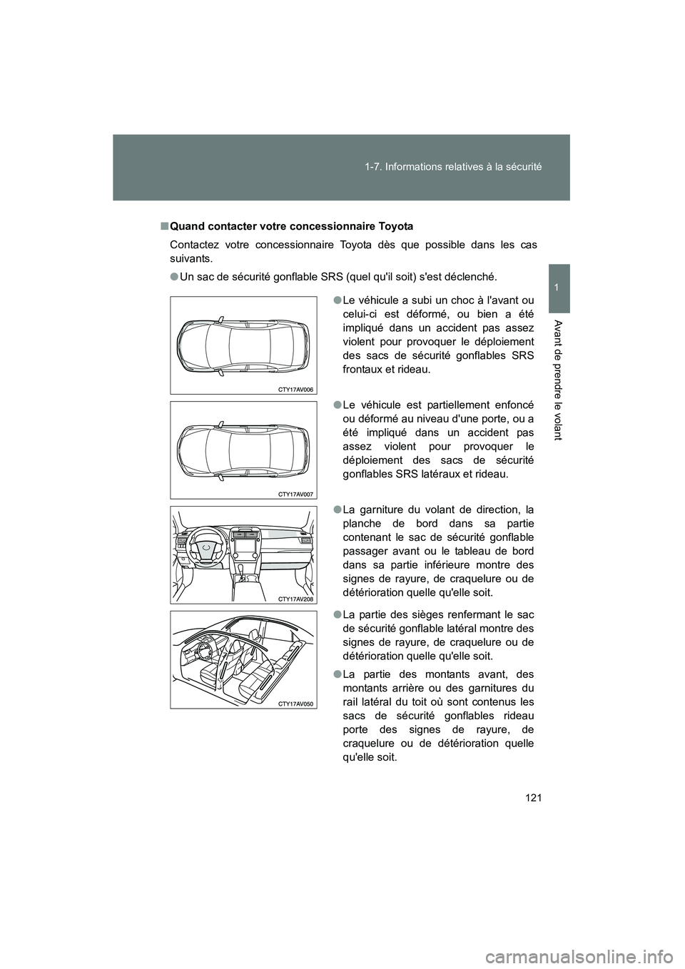 TOYOTA CAMRY 2012  Manuel du propriétaire (in French) 121
1-7. Informations relatives à la sécurité
1
Avant de prendre le volant
CAMRY_D
■
Quand contacter votre concessionnaire Toyota
Contactez votre concessionnaire Toyota dès que possible dans les