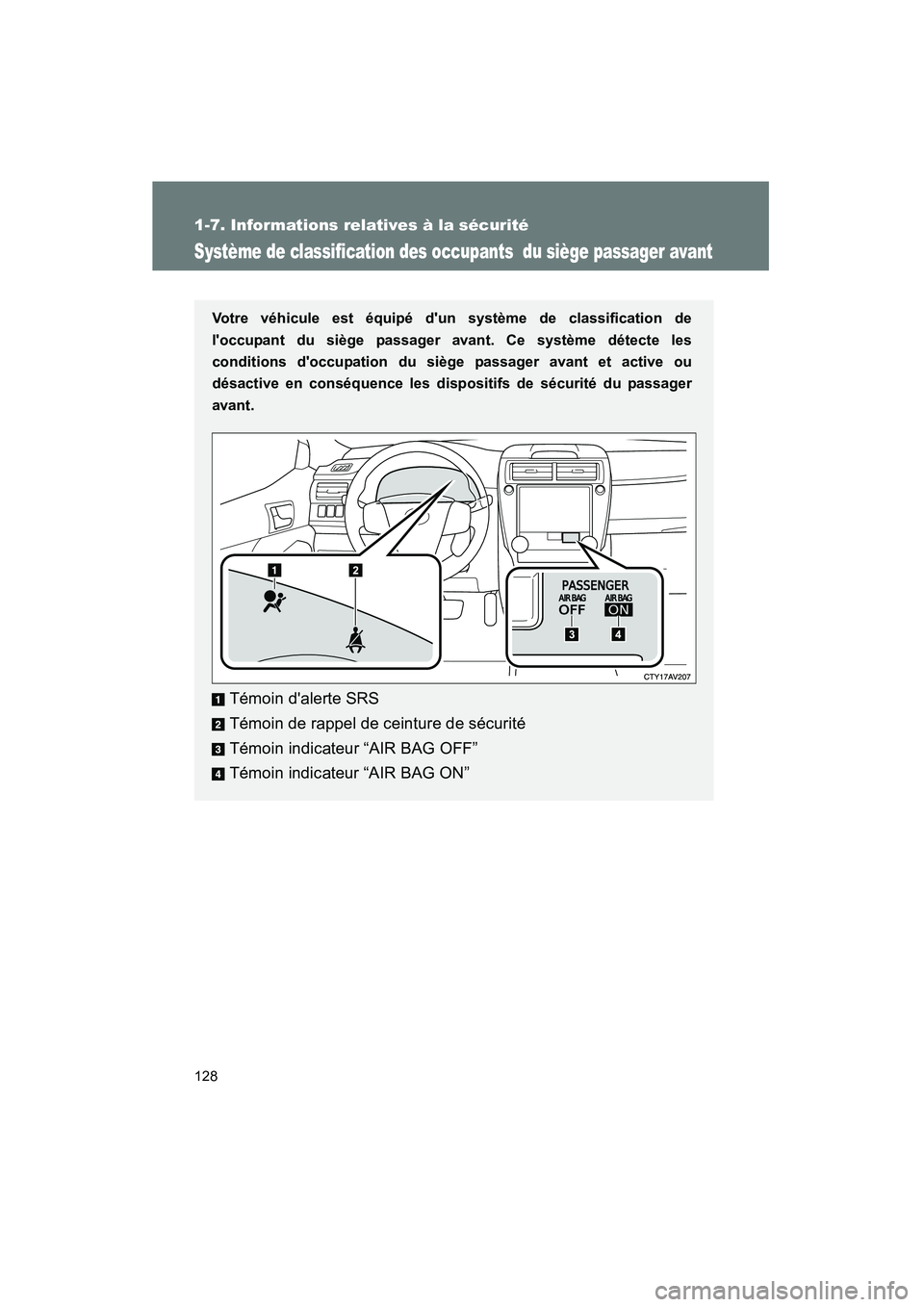 TOYOTA CAMRY 2012  Manuel du propriétaire (in French) 128
1-7. Informations relatives à la sécurité
CAMRY_D
Système de classification des occupants  du siège passager avant
Votre véhicule est équipé dun système de classification de
loccupant d