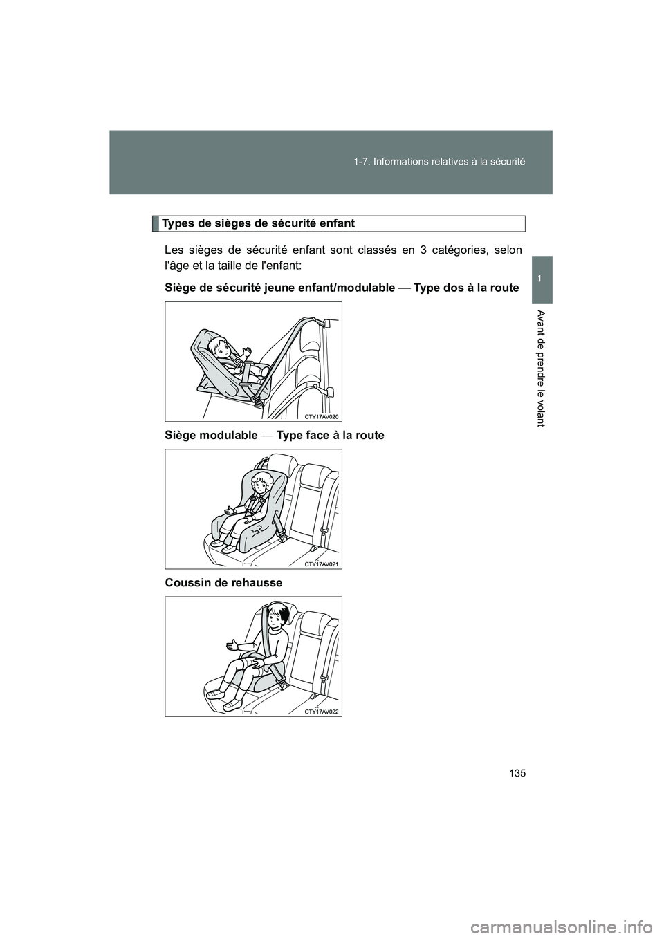 TOYOTA CAMRY 2012 Manuel du propriétaire (in French) 135
1-7. Informations relatives à la sécurité
1
Avant de prendre le volant
CAMRY_D
Types de sièges de sécurité enfant
Les sièges de sécurité enfant sont classés en 3 catégories, selon
lâg TOYOTA CAMRY 2012 Manuel du propriétaire (in French) 135
1-7. Informations relatives à la sécurité
1
Avant de prendre le volant
CAMRY_D
Types de sièges de sécurité enfant
Les sièges de sécurité enfant sont classés en 3 catégories, selon
lâg