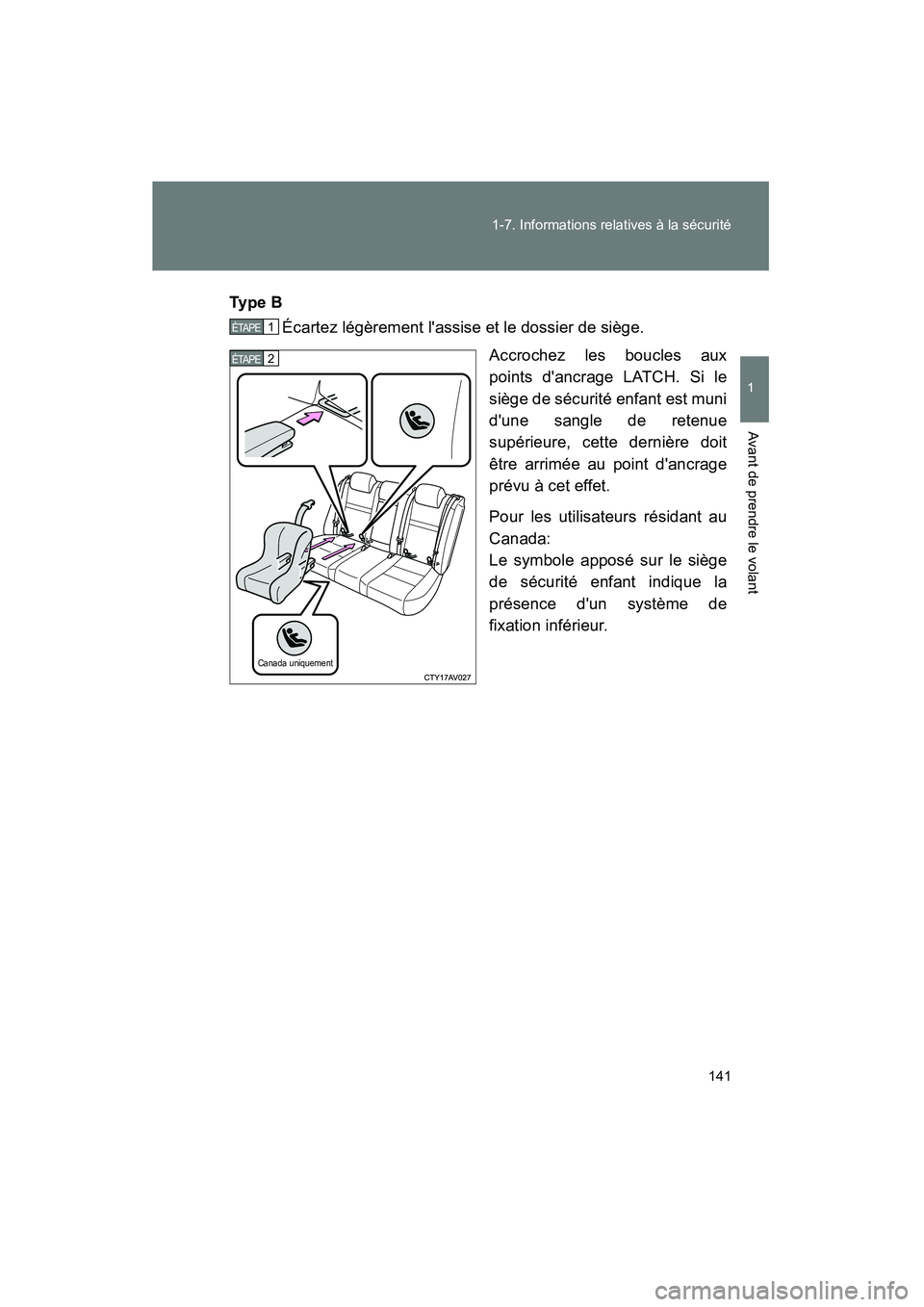 TOYOTA CAMRY 2012 Manuel du propriétaire (in French) 141
1-7. Informations relatives à la sécurité
1
Avant de prendre le volant
CAMRY_D
Ty p e B
Écartez légèrement lassise et le dossier de siège.
Accrochez les boucles aux
points dancrage LATCH TOYOTA CAMRY 2012 Manuel du propriétaire (in French) 141
1-7. Informations relatives à la sécurité
1
Avant de prendre le volant
CAMRY_D
Ty p e B
Écartez légèrement lassise et le dossier de siège.
Accrochez les boucles aux
points dancrage LATCH
