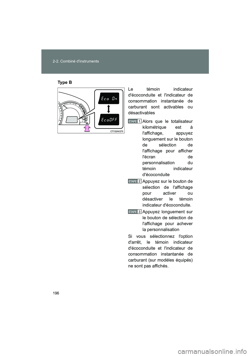 TOYOTA CAMRY 2012  Manuel du propriétaire (in French) 196 2-2. Combiné dinstruments
CAMRY_DTy p e  B
Le témoin indicateur
décoconduite et lindicateur de
consommation instantanée de
carburant sont activables ou
désactivables
Alors que le totalisat