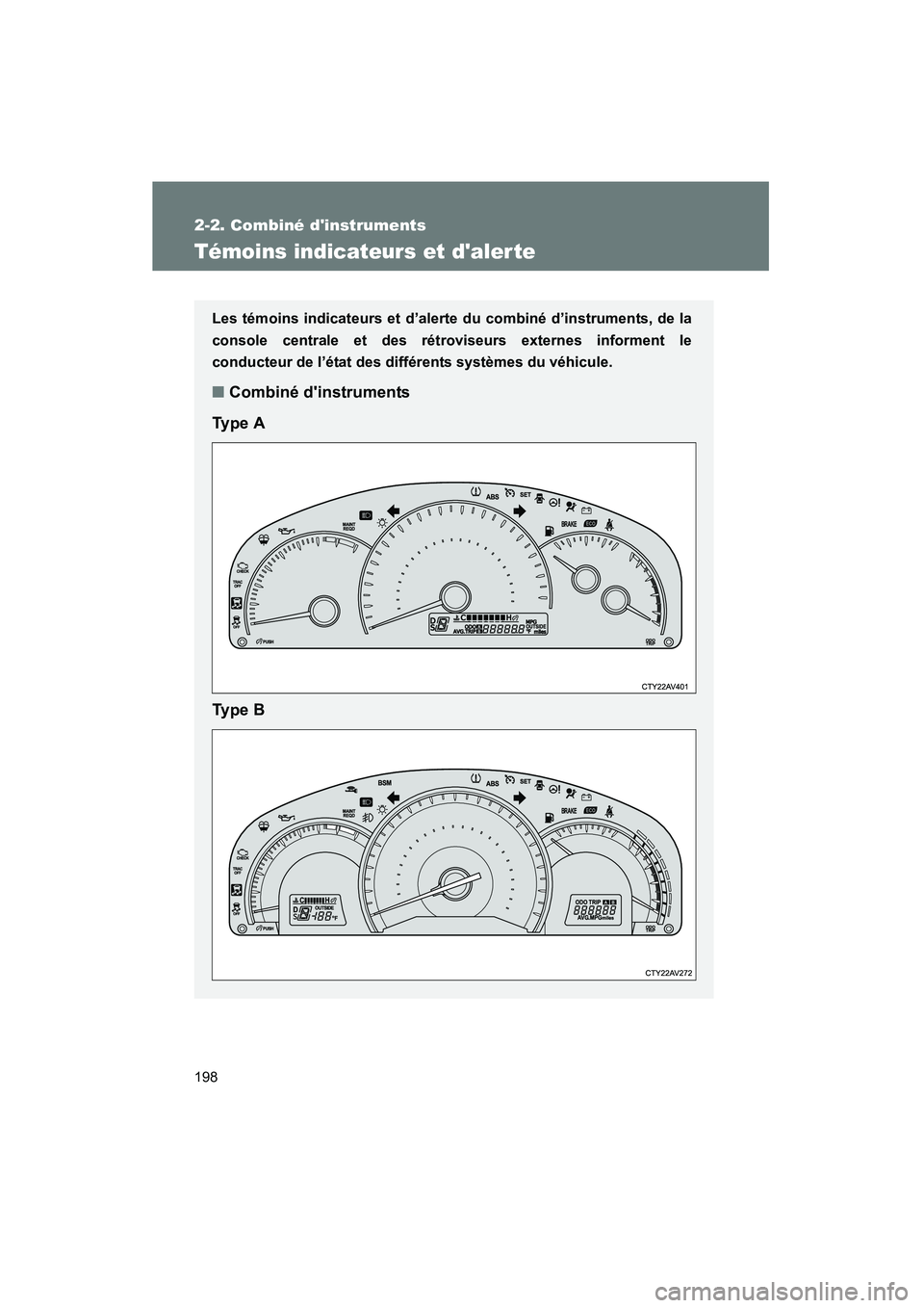 TOYOTA CAMRY 2012  Manuel du propriétaire (in French) 198
2-2. Combiné dinstruments
CAMRY_D
Témoins indicateurs et daler te
Les témoins indicateurs et d’alerte du combiné d’instruments, de la
console centrale et des rétroviseurs externes infor
