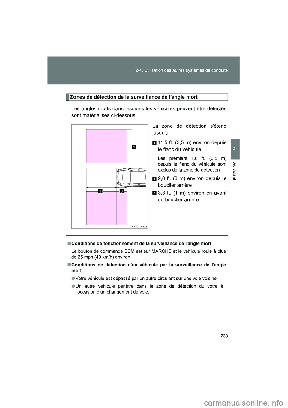 TOYOTA CAMRY 2012  Manuel du propriétaire (in French) 233
2-4. Utilisation des autres systèmes de conduite
2
Au volant
CAMRY_D
Zones de détection de la surveillance de langle mort
Les angles morts dans lesquels les véhicules peuvent être détectés
