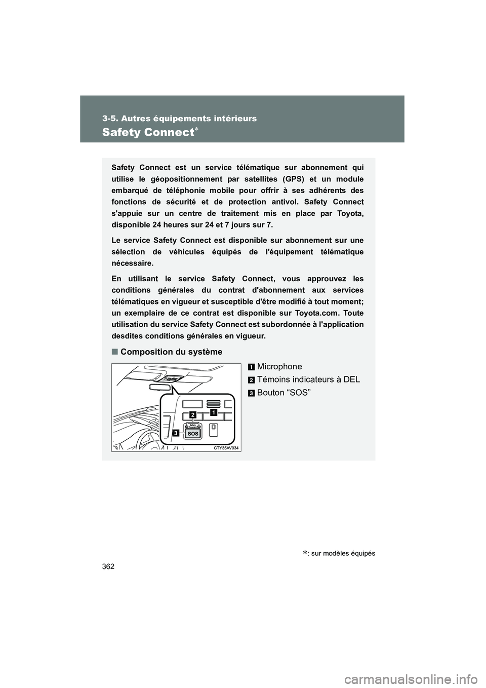 TOYOTA CAMRY 2012 Manuel du propriétaire (in French) 362
3-5. Autres équipements intérieurs
CAMRY_D
Safety Connect∗
Safety Connect est un service télématique sur abonnement qui
utilise le géopositionnement par satellites (GPS) et un module
embarq TOYOTA CAMRY 2012 Manuel du propriétaire (in French) 362
3-5. Autres équipements intérieurs
CAMRY_D
Safety Connect∗
Safety Connect est un service télématique sur abonnement qui
utilise le géopositionnement par satellites (GPS) et un module
embarq