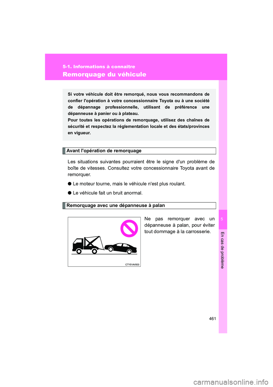 TOYOTA CAMRY 2012 Manuel du propriétaire (in French) 5
En cas de problème
461
5-1. Informations à connaître
CAMRY_D
Remorquage du véhicule
Avant lopération de remorquageLes situations suivantes pourraient être le signe dun problème de
boîte de TOYOTA CAMRY 2012 Manuel du propriétaire (in French) 5
En cas de problème
461
5-1. Informations à connaître
CAMRY_D
Remorquage du véhicule
Avant lopération de remorquageLes situations suivantes pourraient être le signe dun problème de
boîte de