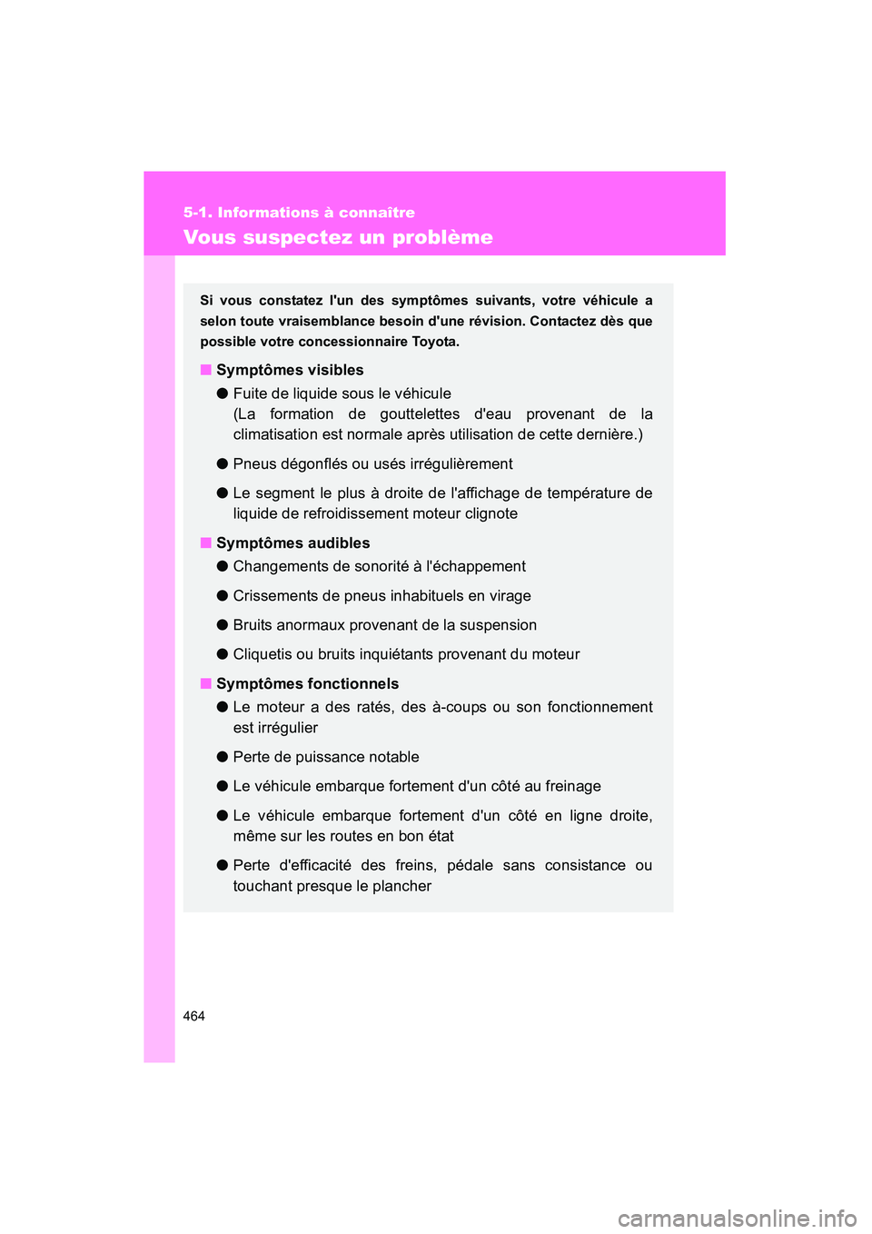 TOYOTA CAMRY 2012 Manuel du propriétaire (in French) 464
5-1. Informations à connaître
CAMRY_D
Vous suspectez un problème
Si vous constatez lun des symptômes suivants, votre véhicule a
selon toute vraisemblance besoin dune révision. Contactez d TOYOTA CAMRY 2012 Manuel du propriétaire (in French) 464
5-1. Informations à connaître
CAMRY_D
Vous suspectez un problème
Si vous constatez lun des symptômes suivants, votre véhicule a
selon toute vraisemblance besoin dune révision. Contactez d