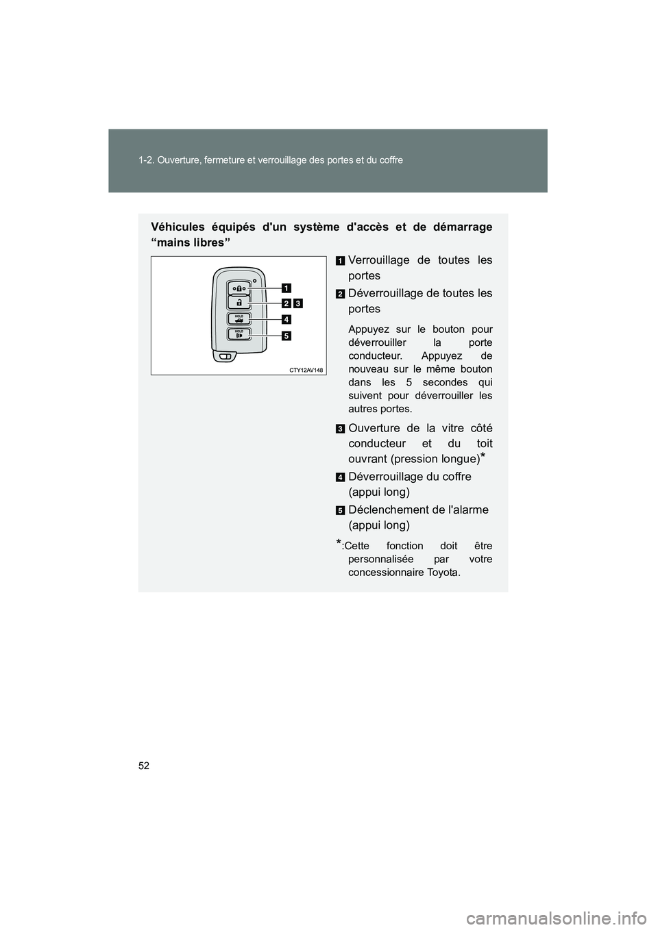 TOYOTA CAMRY 2012 Manuel du propriétaire (in French) 52
1-2. Ouverture, fermeture et verrouillage des portes et du coffre
CAMRY_D
Véhicules équipés dun système daccès et de démarrage
“mains libres”Verrouillage de toutes les
portes
Déverroui TOYOTA CAMRY 2012 Manuel du propriétaire (in French) 52
1-2. Ouverture, fermeture et verrouillage des portes et du coffre
CAMRY_D
Véhicules équipés dun système daccès et de démarrage
“mains libres”Verrouillage de toutes les
portes
Déverroui