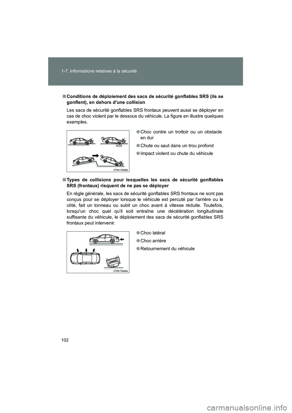 TOYOTA CAMRY 2008 Manuel du propriétaire (in French) 102 1-7. Informations relatives à la sécurité
CAMRY_D_(L/O_0707)
■Conditions de déploiement des sacs de sécurité gonflables SRS (ils se
gonflent), en dehors dune collision
Les sacs de sécuri TOYOTA CAMRY 2008 Manuel du propriétaire (in French) 102 1-7. Informations relatives à la sécurité
CAMRY_D_(L/O_0707)
■Conditions de déploiement des sacs de sécurité gonflables SRS (ils se
gonflent), en dehors dune collision
Les sacs de sécuri