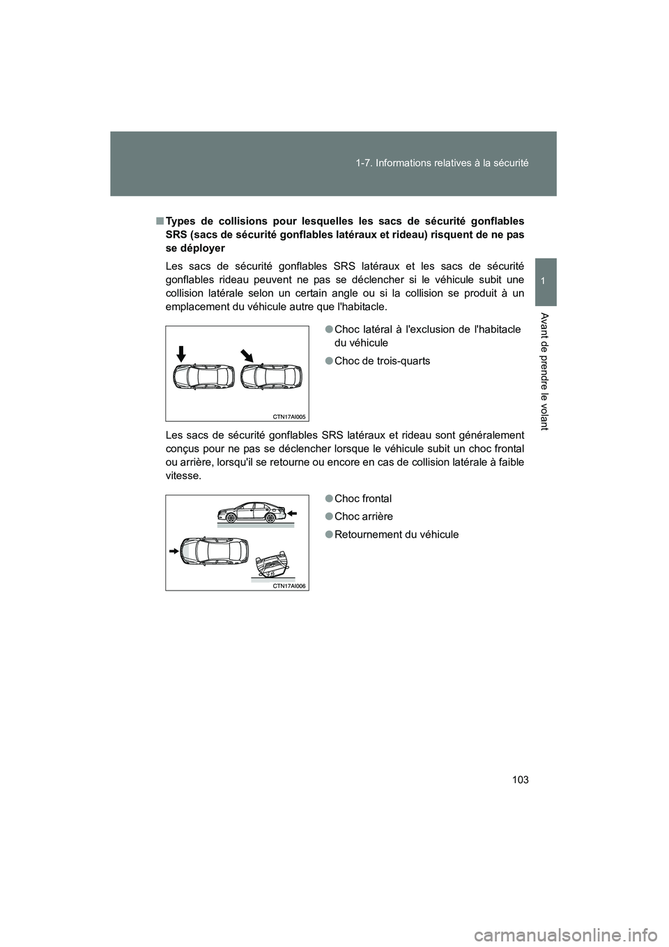 TOYOTA CAMRY 2008 Manuel du propriétaire (in French) 103
1-7. Informations relatives à la sécurité
1
Avant de prendre le volant
CAMRY_D_(L/O_0707)
■
Types de collisions pour lesquelles les sacs de sécurité gonflables
SRS (sacs de sécurité gonfl TOYOTA CAMRY 2008 Manuel du propriétaire (in French) 103
1-7. Informations relatives à la sécurité
1
Avant de prendre le volant
CAMRY_D_(L/O_0707)
■
Types de collisions pour lesquelles les sacs de sécurité gonflables
SRS (sacs de sécurité gonfl