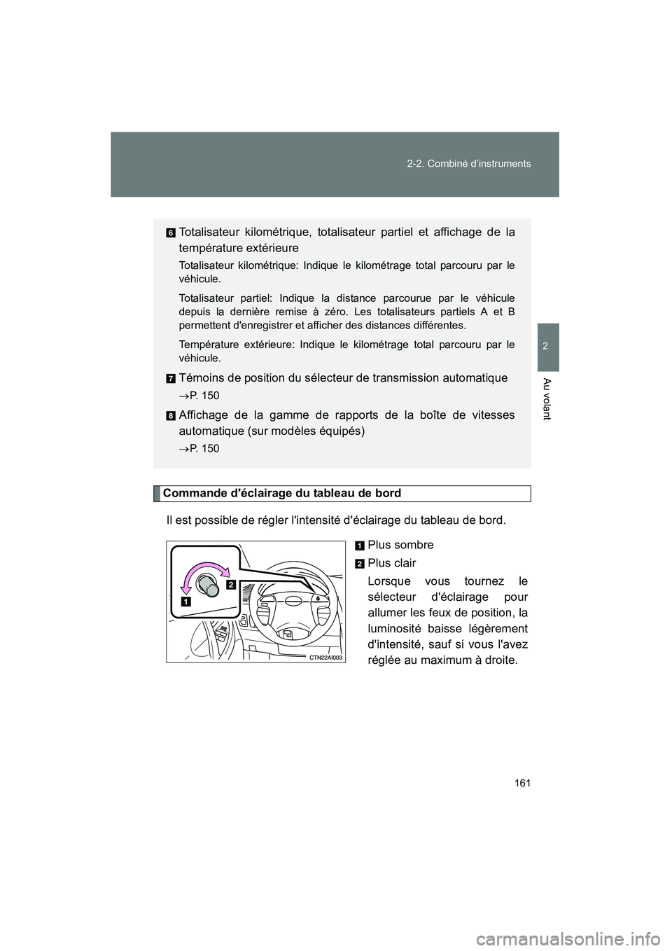 TOYOTA CAMRY 2008 Manuel du propriétaire (in French) 161
2-2. Combiné d’instruments
2
Au volant
CAMRY_D_(L/O_0707)
Commande déclairage du tableau de bord
Il est possible de régler lintensité déclairage du tableau de bord. Plus sombre
Plus cla TOYOTA CAMRY 2008 Manuel du propriétaire (in French) 161
2-2. Combiné d’instruments
2
Au volant
CAMRY_D_(L/O_0707)
Commande déclairage du tableau de bord
Il est possible de régler lintensité déclairage du tableau de bord. Plus sombre
Plus cla