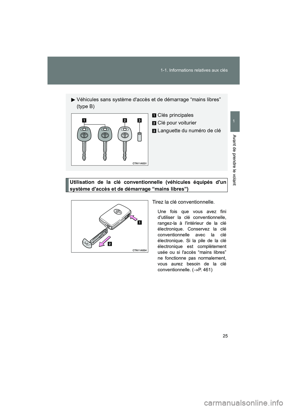 TOYOTA CAMRY 2008  Manuel du propriétaire (in French) 25
1-1. Informations relatives aux clés
1
Avant de prendre le volant
CAMRY_D_(L/O_0707)
Utilisation de la clé conventionnelle (véhicules équipés dun
système daccès et de démarrage “mains l