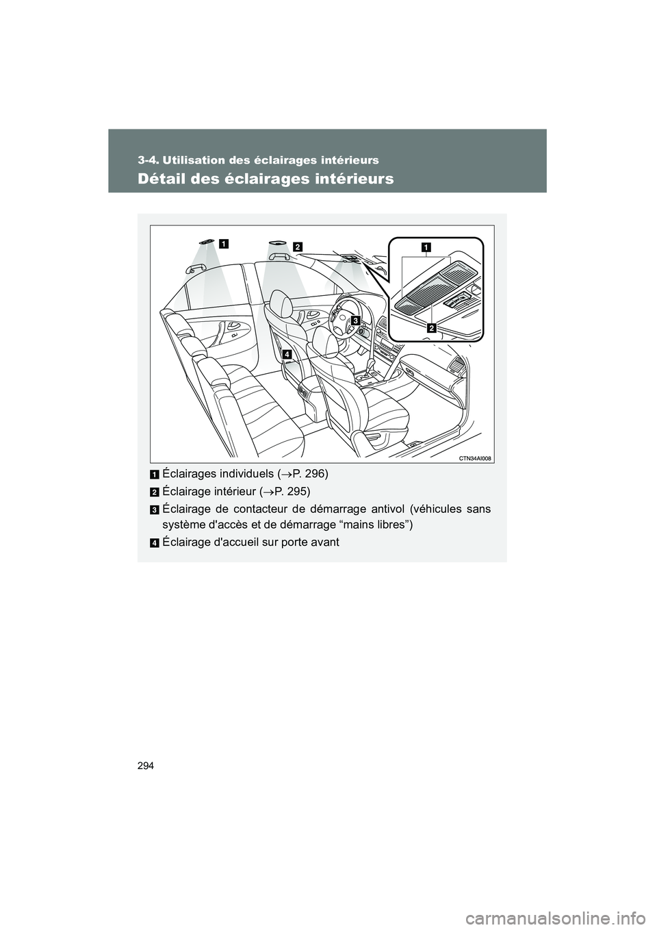 TOYOTA CAMRY 2008 Manuel du propriétaire (in French) 294
CAMRY_D_(L/O_0707)
3-4. Utilisation des éclairages intérieurs
Détail des éclairages intérieurs
Éclairages individuels (→P. 296)
Éclairage intérieur ( →P. 295)
Éclairage de contacteur TOYOTA CAMRY 2008 Manuel du propriétaire (in French) 294
CAMRY_D_(L/O_0707)
3-4. Utilisation des éclairages intérieurs
Détail des éclairages intérieurs
Éclairages individuels (→P. 296)
Éclairage intérieur ( →P. 295)
Éclairage de contacteur