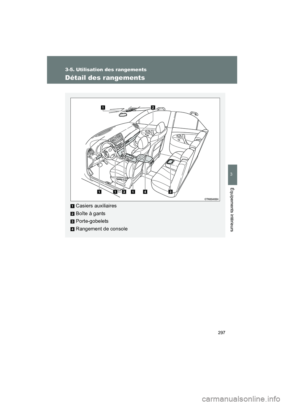 TOYOTA CAMRY 2008 Manuel du propriétaire (in French) 297
3
Équipements intérieurs
CAMRY_D_(L/O_0707)
3-5. Utilisation des rangements
Détail des rangements
Casiers auxiliaires
Boîte à gants
Porte-gobelets
Rangement de console TOYOTA CAMRY 2008 Manuel du propriétaire (in French) 297
3
Équipements intérieurs
CAMRY_D_(L/O_0707)
3-5. Utilisation des rangements
Détail des rangements
Casiers auxiliaires
Boîte à gants
Porte-gobelets
Rangement de console