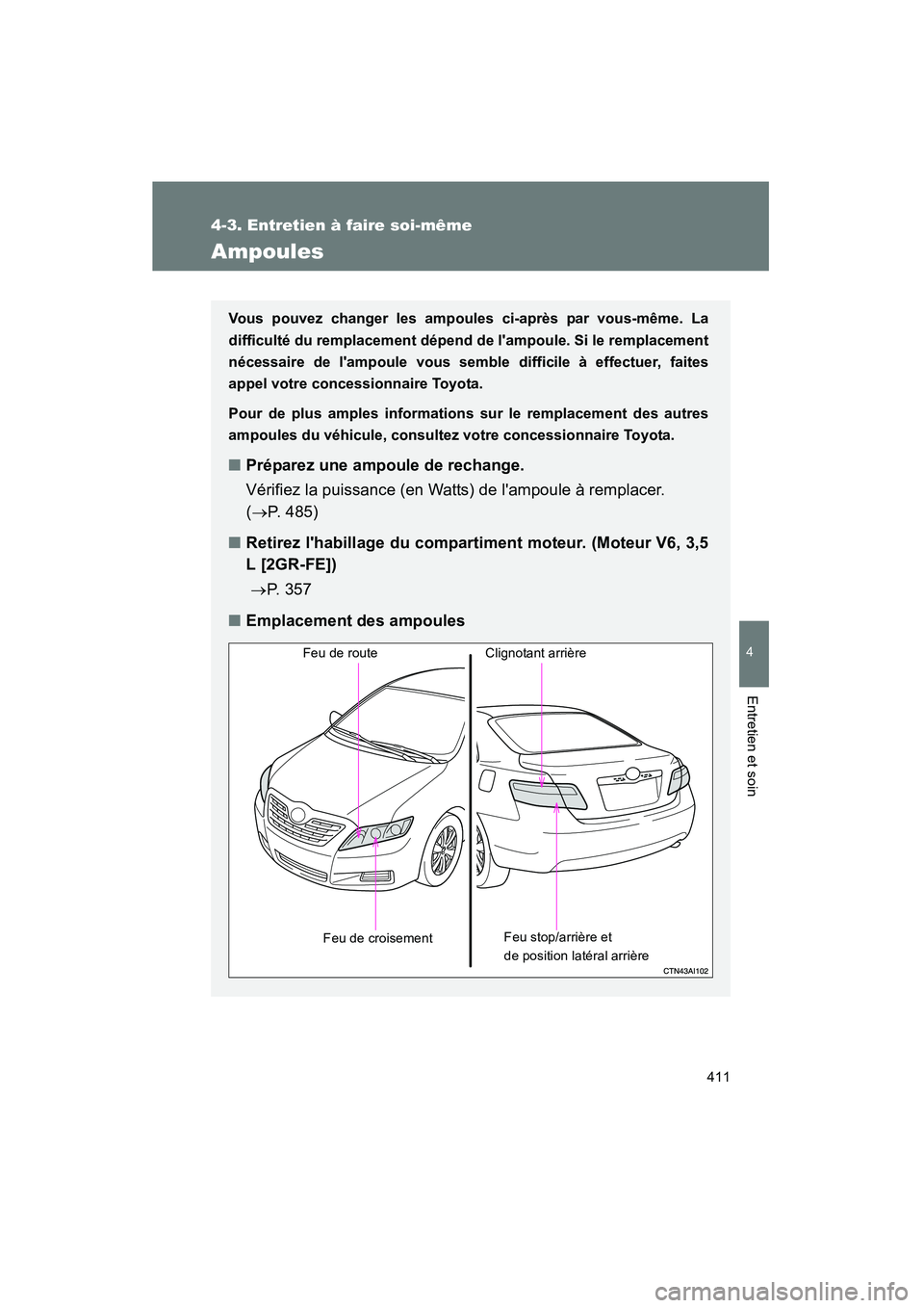 TOYOTA CAMRY 2008 Manuel du propriétaire (in French) 411
4-3. Entretien à faire soi-même
4
Entretien et soin
CAMRY_D_(L/O_0707)
Ampoules
Vous pouvez changer les ampoules ci-après par vous-même. La
difficulté du remplacement dépend de lampoule. Si TOYOTA CAMRY 2008 Manuel du propriétaire (in French) 411
4-3. Entretien à faire soi-même
4
Entretien et soin
CAMRY_D_(L/O_0707)
Ampoules
Vous pouvez changer les ampoules ci-après par vous-même. La
difficulté du remplacement dépend de lampoule. Si