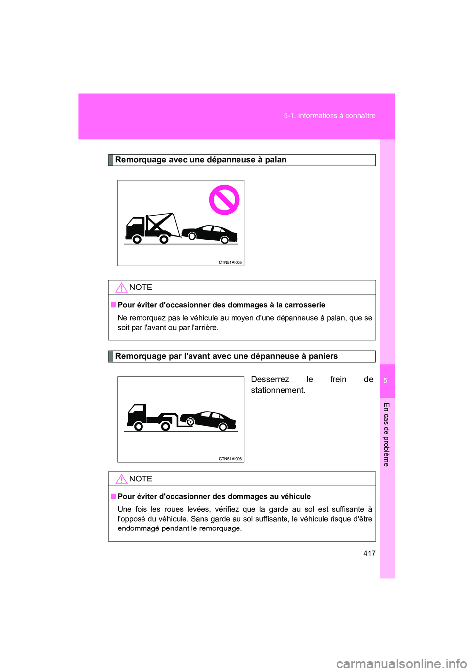 TOYOTA CAMRY 2008 Manuel du propriétaire (in French) 5
En cas de problème
417
5-1. Informations à connaître
CAMRY_D_(L/O_0707)
Remorquage avec une dépanneuse à palan
Remorquage par lavant avec une dépanneuse à paniers
Desserrez le frein de
stati TOYOTA CAMRY 2008 Manuel du propriétaire (in French) 5
En cas de problème
417
5-1. Informations à connaître
CAMRY_D_(L/O_0707)
Remorquage avec une dépanneuse à palan
Remorquage par lavant avec une dépanneuse à paniers
Desserrez le frein de
stati