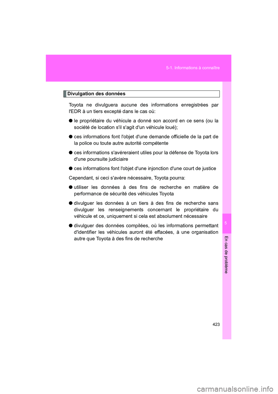 TOYOTA CAMRY 2008 Manuel du propriétaire (in French) 5
En cas de problème
423
5-1. Informations à connaître
CAMRY_D_(L/O_0707)
Divulgation des données
Toyota ne divulguera aucune des informations enregistrées par
lEDR à un tiers excepté dans le TOYOTA CAMRY 2008 Manuel du propriétaire (in French) 5
En cas de problème
423
5-1. Informations à connaître
CAMRY_D_(L/O_0707)
Divulgation des données
Toyota ne divulguera aucune des informations enregistrées par
lEDR à un tiers excepté dans le