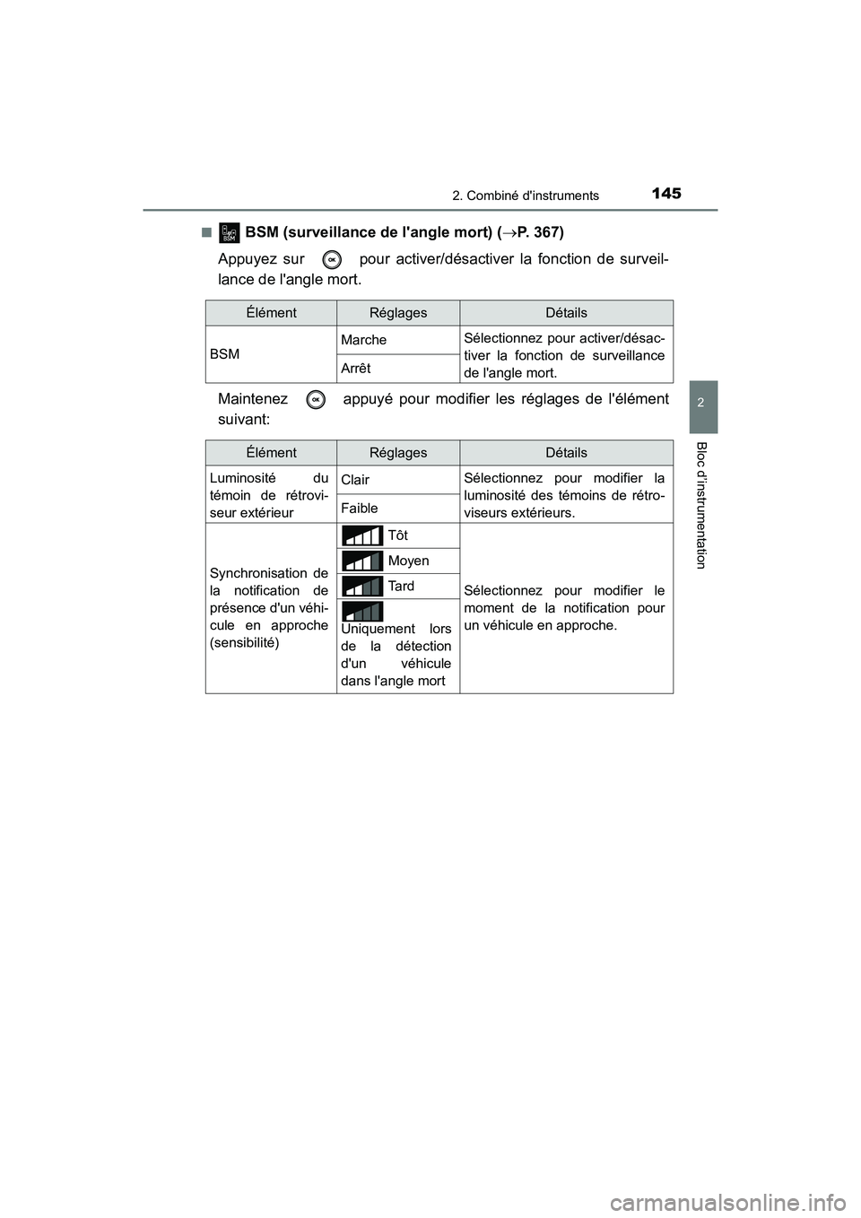 TOYOTA CAMRY HYBRID 2021 Manuel du propriétaire (in French) 1452. Combiné dinstruments
2
Bloc d’instrumentation
CAMRY_HV_D■
BSM (surveillance
de langle mort) (P. 367)
Appuyez sur pour activer/désactiver la fonction de surveil-
lance de langle m TOYOTA CAMRY HYBRID 2021 Manuel du propriétaire (in French) 1452. Combiné dinstruments
2
Bloc d’instrumentation
CAMRY_HV_D■
BSM (surveillance
de langle mort) (P. 367)
Appuyez sur pour activer/désactiver la fonction de surveil-
lance de langle m