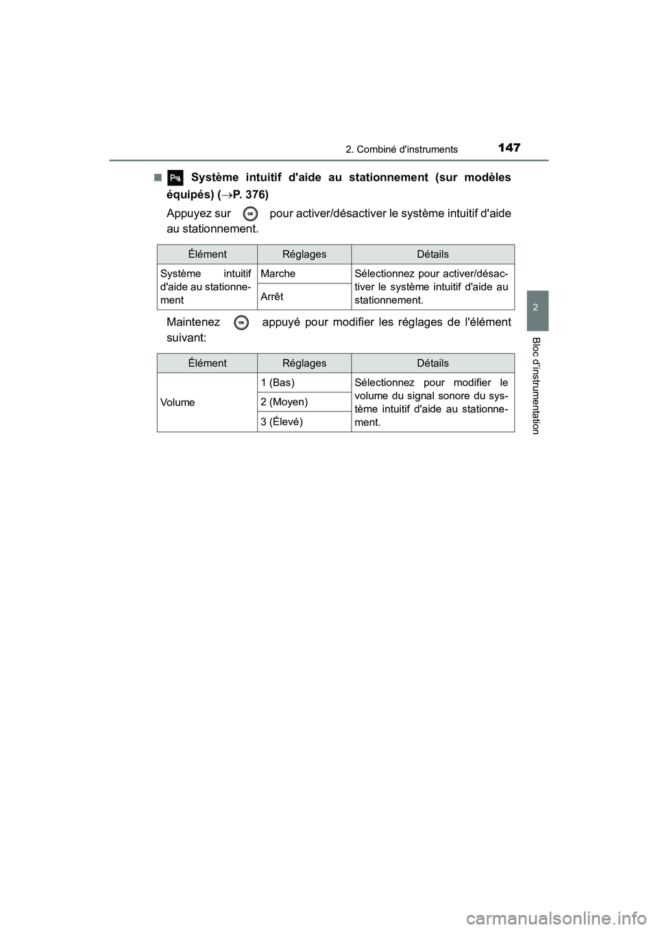 TOYOTA CAMRY HYBRID 2021 Manuel du propriétaire (in French) 1472. Combiné dinstruments
2
Bloc d’instrumentation
CAMRY_HV_D■
Système intuitif
daide au stationnement (sur modèles
équipés) ( P. 376)
Appuyez sur pour activer/désact iver le syst TOYOTA CAMRY HYBRID 2021 Manuel du propriétaire (in French) 1472. Combiné dinstruments
2
Bloc d’instrumentation
CAMRY_HV_D■
Système intuitif
daide au stationnement (sur modèles
équipés) ( P. 376)
Appuyez sur pour activer/désact iver le syst