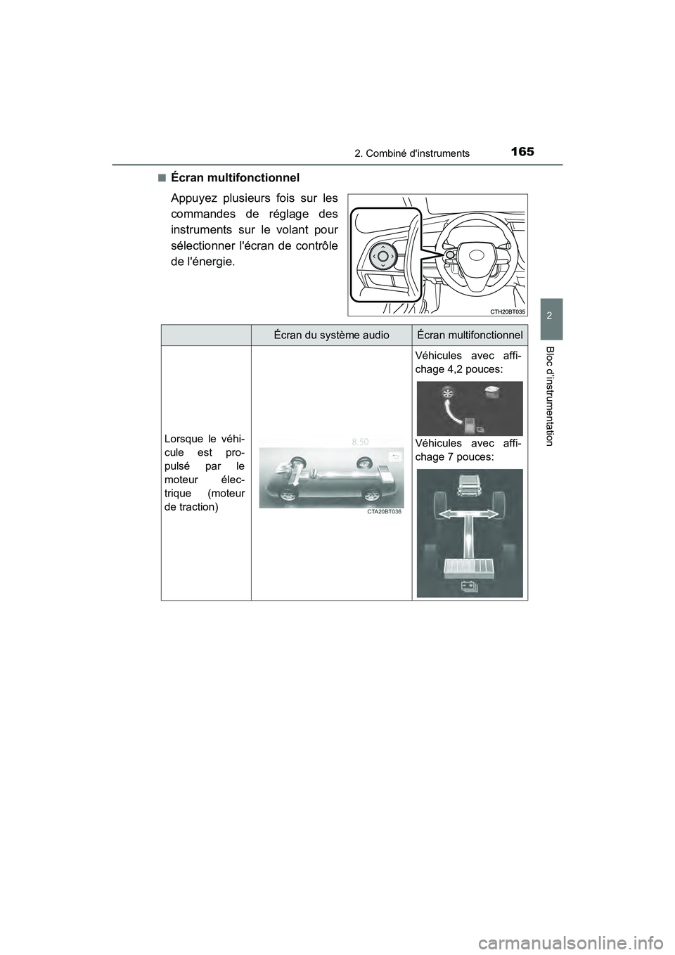 TOYOTA CAMRY HYBRID 2021  Manuel du propriétaire (in French) 1652. Combiné dinstruments
2
Bloc d’instrumentation
CAMRY_HV_D■
Écran multifonctionnel
Appuyez plusieurs fois sur les
commandes de réglage des
instruments sur le volant pour
sélectionner lé