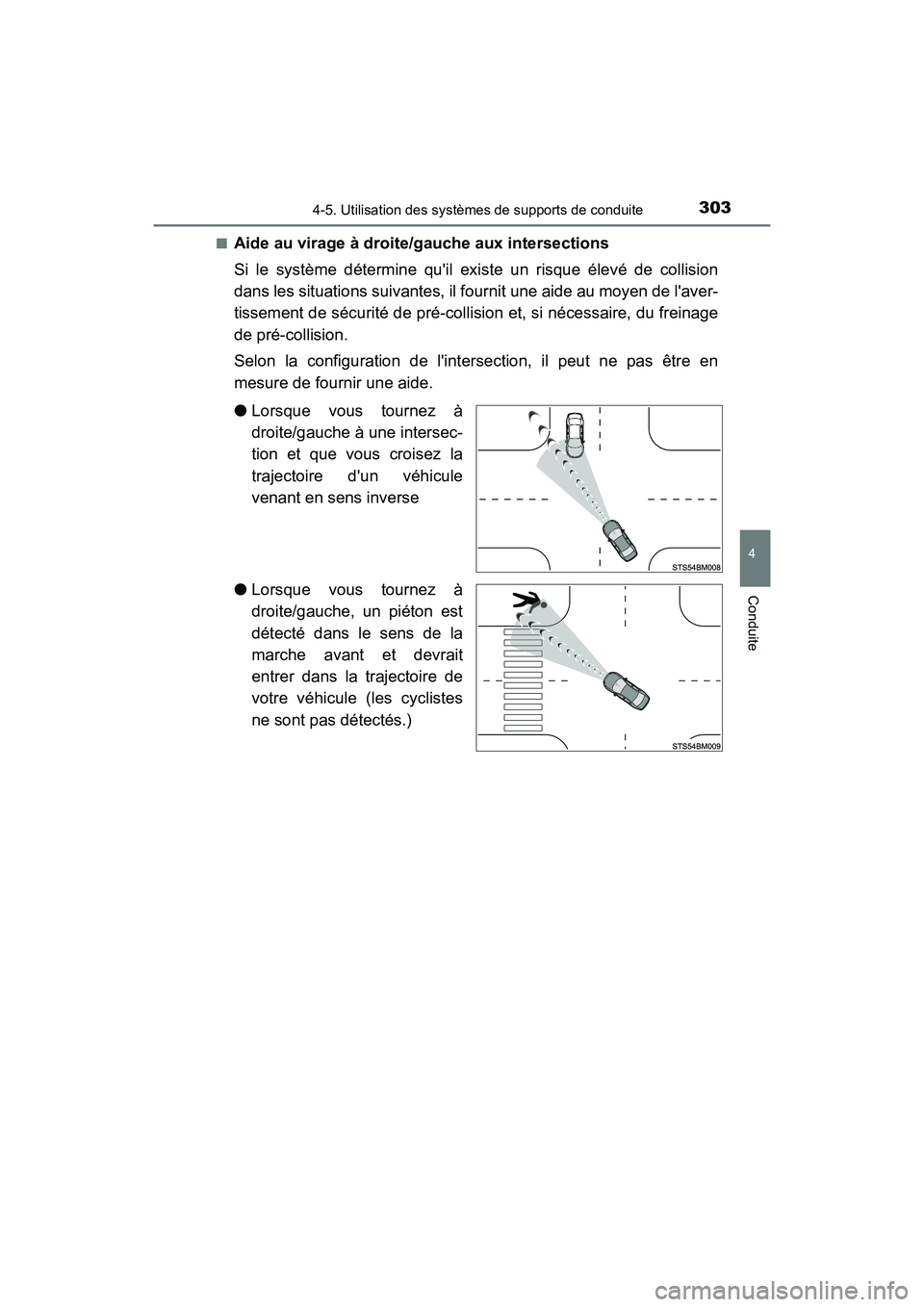 TOYOTA CAMRY HYBRID 2021 Manuel du propriétaire (in French) 3034-5. Utilisation des systèmes de supports de conduite
4
Conduite
CAMRY_HV_D■
Aide au virage à droite/gauche aux intersections
Si le système détermine quil existe un risque élevé de collisi TOYOTA CAMRY HYBRID 2021 Manuel du propriétaire (in French) 3034-5. Utilisation des systèmes de supports de conduite
4
Conduite
CAMRY_HV_D■
Aide au virage à droite/gauche aux intersections
Si le système détermine quil existe un risque élevé de collisi