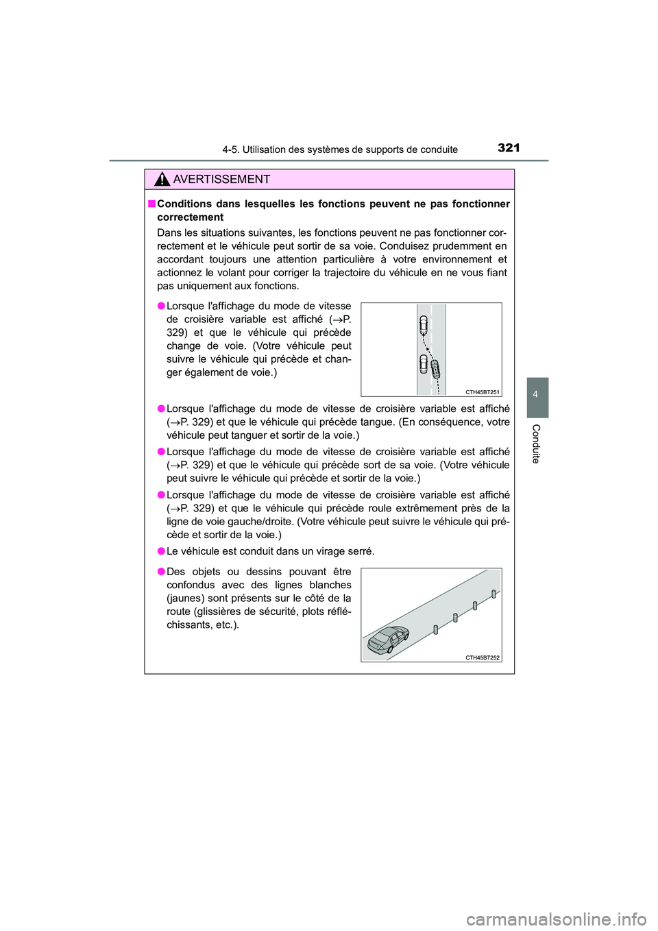 TOYOTA CAMRY HYBRID 2021 Manuel du propriétaire (in French) 3214-5. Utilisation des systèmes de supports de conduite
4
Conduite
CAMRY_HV_D
AVERTISSEMENT
■Conditions dans lesquelles les foncti ons peuvent ne pas fonctionner
correctement
Dans les situations s TOYOTA CAMRY HYBRID 2021 Manuel du propriétaire (in French) 3214-5. Utilisation des systèmes de supports de conduite
4
Conduite
CAMRY_HV_D
AVERTISSEMENT
■Conditions dans lesquelles les foncti ons peuvent ne pas fonctionner
correctement
Dans les situations s