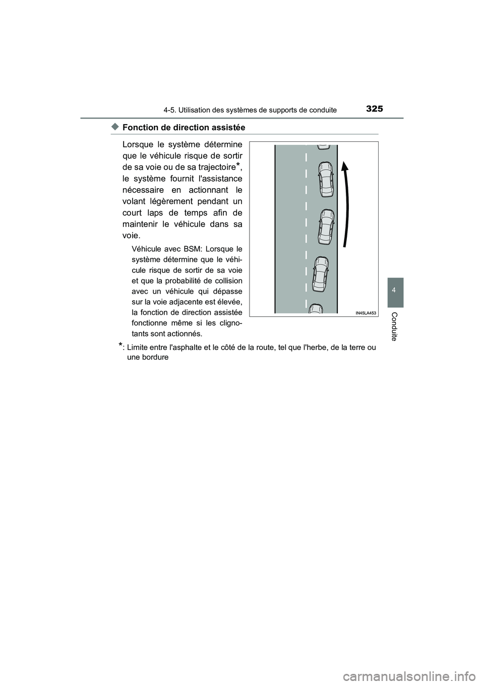 TOYOTA CAMRY HYBRID 2021 Manuel du propriétaire (in French) 3254-5. Utilisation des systèmes de supports de conduite
4
Conduite
CAMRY_HV_D
◆Fonction de direction assistée
Lorsque le système détermine
que le véhicule risque de sortir
de sa voie ou de sa TOYOTA CAMRY HYBRID 2021 Manuel du propriétaire (in French) 3254-5. Utilisation des systèmes de supports de conduite
4
Conduite
CAMRY_HV_D
◆Fonction de direction assistée
Lorsque le système détermine
que le véhicule risque de sortir
de sa voie ou de sa