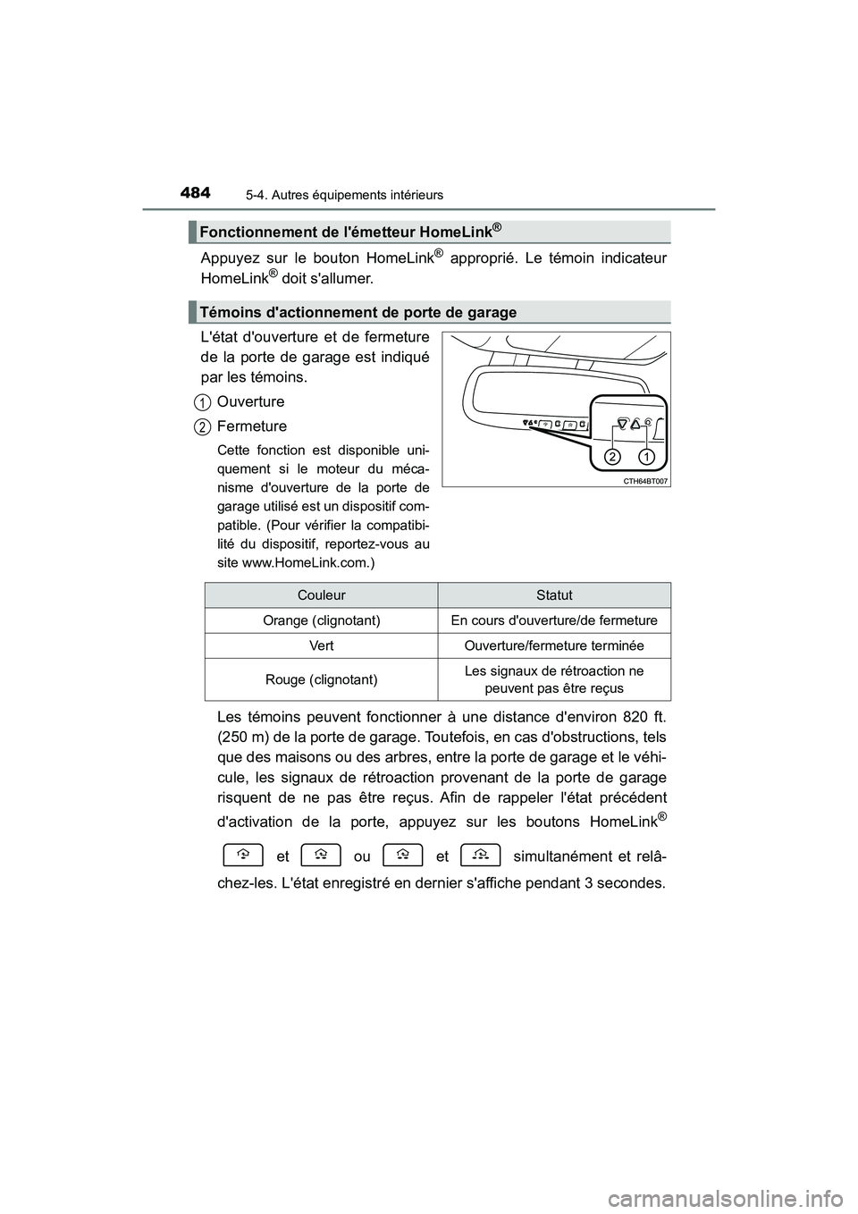 TOYOTA CAMRY HYBRID 2021 Manuel du propriétaire (in French) 4845-4. Autres équipements intérieurs
CAMRY_HV_D
Appuyez sur le bouton HomeLink® approprié. Le témoin indicateur
HomeLink® doit sallumer.
Létat douverture et de fermeture
de la porte de gara TOYOTA CAMRY HYBRID 2021 Manuel du propriétaire (in French) 4845-4. Autres équipements intérieurs
CAMRY_HV_D
Appuyez sur le bouton HomeLink® approprié. Le témoin indicateur
HomeLink® doit sallumer.
Létat douverture et de fermeture
de la porte de gara