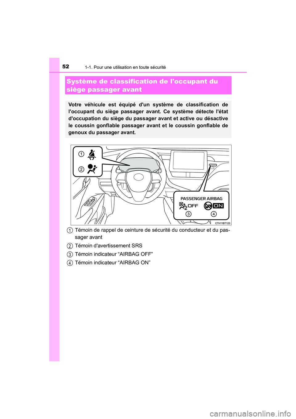 TOYOTA CAMRY HYBRID 2021 Manuel du propriétaire (in French) 521-1. Pour une utilisation en toute sécurité
CAMRY_HV_D
Témoin de rappel de ceinture de sécurité du conducteur et du pas-
sager avant
Témoin davertissement SRS
Témoin indicateur “AIRBAG OFF TOYOTA CAMRY HYBRID 2021 Manuel du propriétaire (in French) 521-1. Pour une utilisation en toute sécurité
CAMRY_HV_D
Témoin de rappel de ceinture de sécurité du conducteur et du pas-
sager avant
Témoin davertissement SRS
Témoin indicateur “AIRBAG OFF