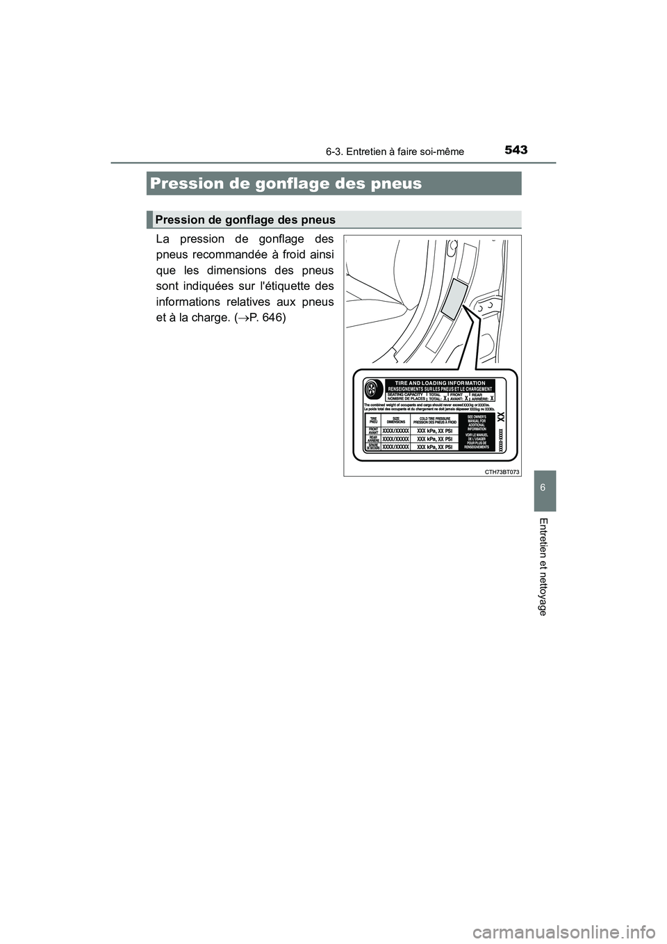 TOYOTA CAMRY HYBRID 2021 Manuel du propriétaire (in French) 5436-3. Entretien à faire soi-même
6
Entretien et nettoyage
CAMRY_HV_D
La pression de gonflage des
pneus recommandée à froid ainsi
que les dimensions des pneus
sont indiquées sur létiquette des TOYOTA CAMRY HYBRID 2021 Manuel du propriétaire (in French) 5436-3. Entretien à faire soi-même
6
Entretien et nettoyage
CAMRY_HV_D
La pression de gonflage des
pneus recommandée à froid ainsi
que les dimensions des pneus
sont indiquées sur létiquette des
