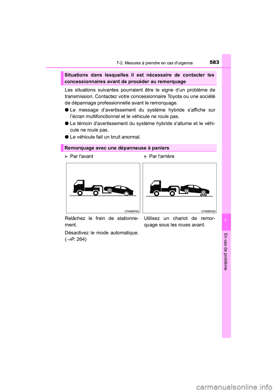 TOYOTA CAMRY HYBRID 2021 Manuel du propriétaire (in French) 5837-2. Mesures à prendre en cas durgence
7
En cas de problème
CAMRY_HV_D
Les situations suivantes pourraient être le signe d’un problème de
transmission. Contactez votre concessionnaire Toyota TOYOTA CAMRY HYBRID 2021 Manuel du propriétaire (in French) 5837-2. Mesures à prendre en cas durgence
7
En cas de problème
CAMRY_HV_D
Les situations suivantes pourraient être le signe d’un problème de
transmission. Contactez votre concessionnaire Toyota
