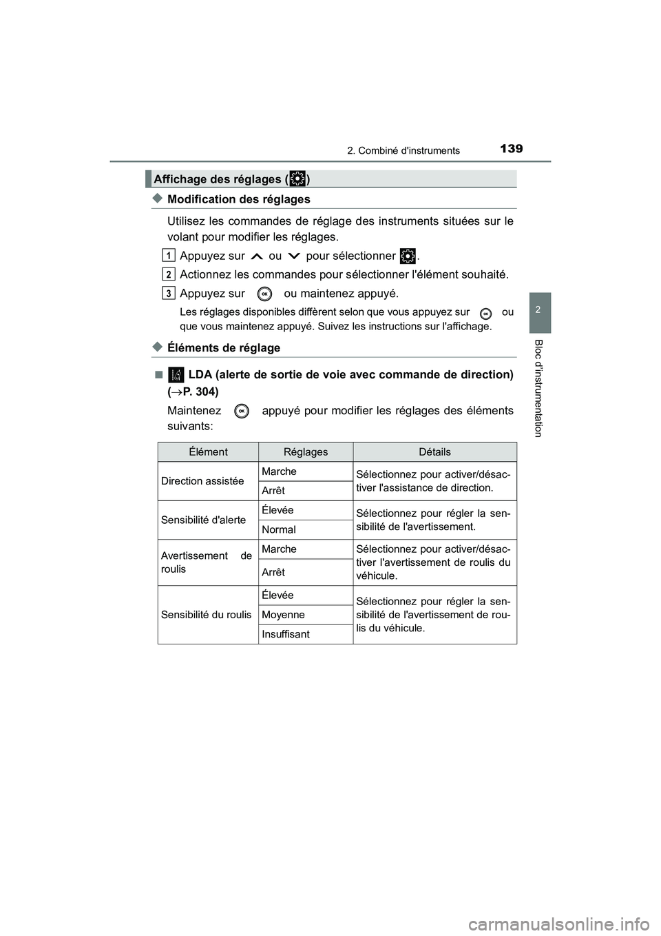 TOYOTA CAMRY HYBRID 2020  Manuel du propriétaire (in French) 1392. Combiné dinstruments
2
Bloc d’instrumentation
CAMRY_HV_D
◆Modification des réglages
Utilisez les commandes de réglage des instruments situées sur le
volant pour modifier les réglages.A