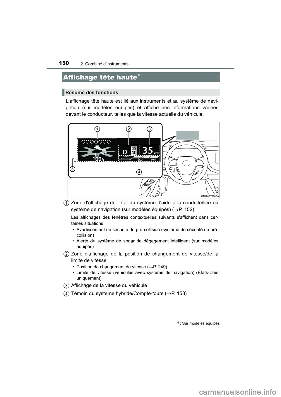 TOYOTA CAMRY HYBRID 2020  Manuel du propriétaire (in French) 1502. Combiné dinstruments
CAMRY_HV_D
Laffichage tête haute est lié aux instruments et au système de navi-
gation (sur modèles équipés) et affiche des informations variées
devant le conducte
